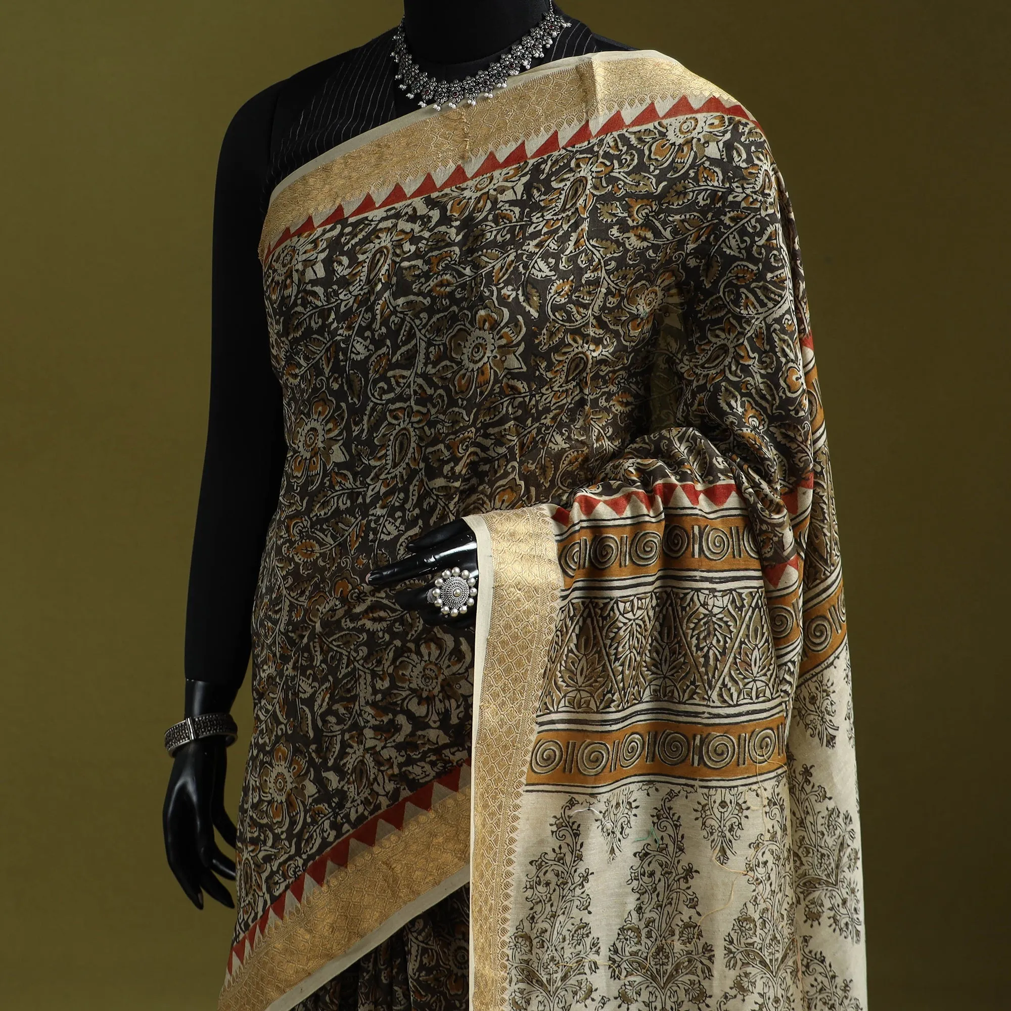 Multicolor - Natural Dyed Pedana Block Print Chanderi Silk Kalamkari Saree 18 sold by Itokri product image thumbnail 2