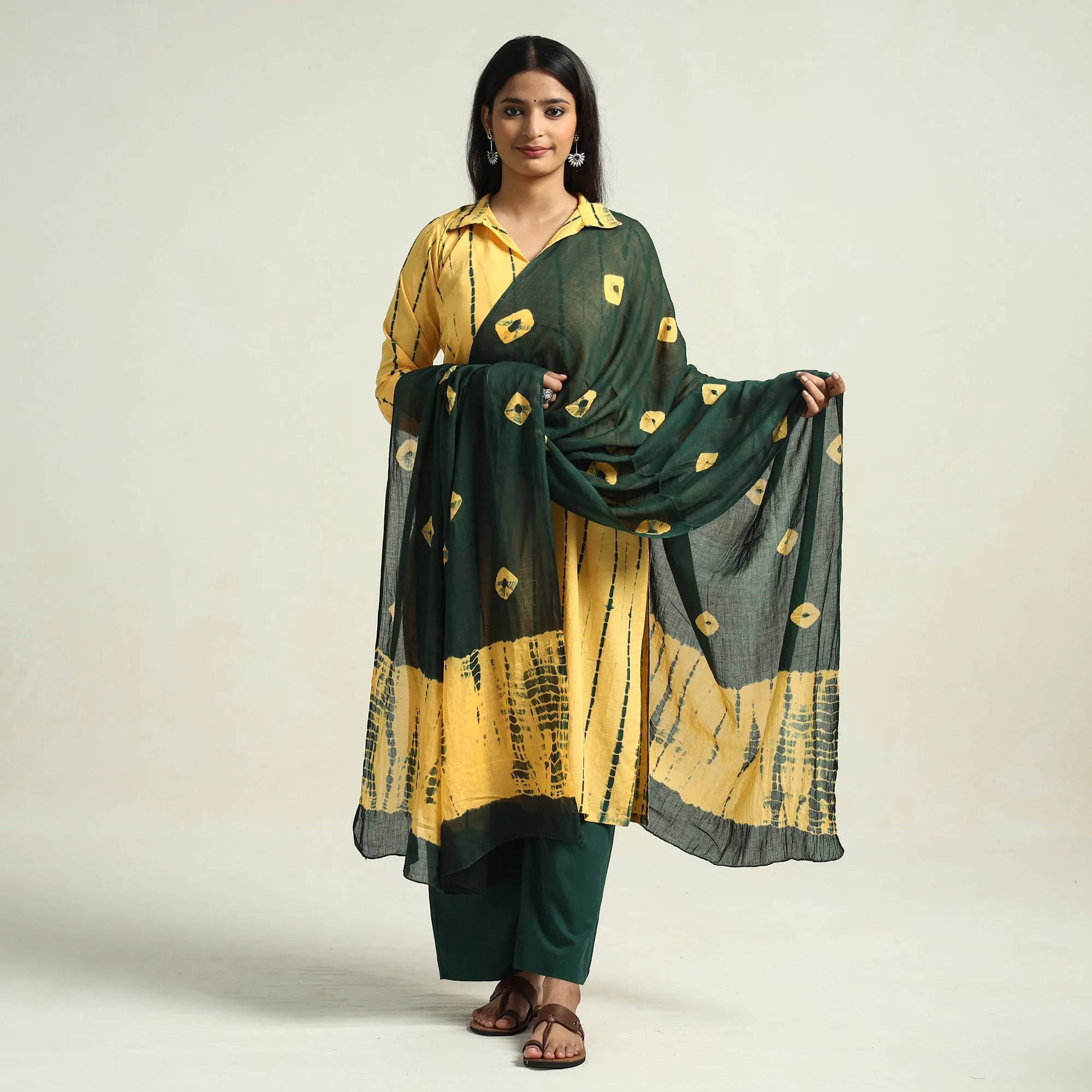Yellow - Shibori Tye-Dye Mul Cotton Kurta with Palazzo & Dupatta Set sold by Itokri product image thumbnail 2
