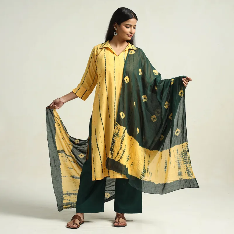 Yellow - Shibori Tye-Dye Mul Cotton Kurta with Palazzo & Dupatta Set made by Itokri