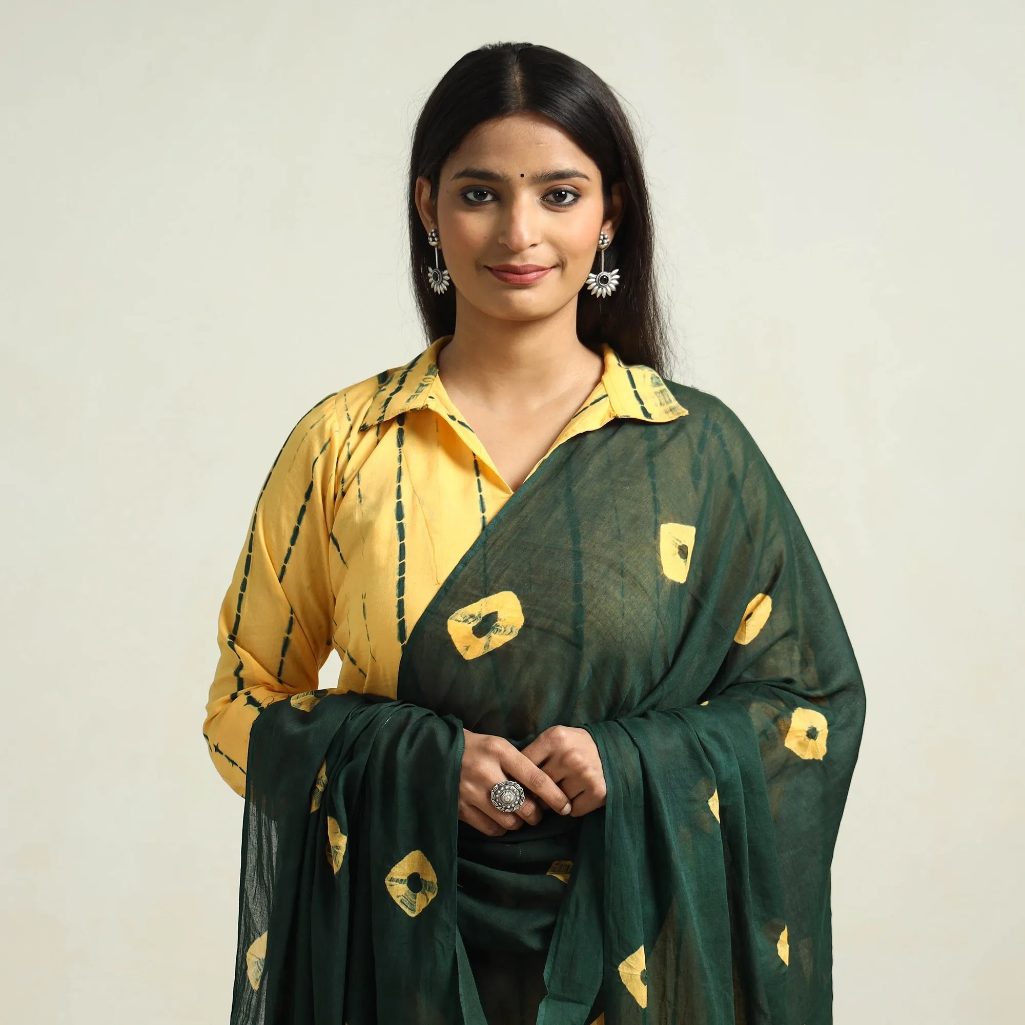 Yellow - Shibori Tye-Dye Mul Cotton Kurta with Palazzo & Dupatta Set sold by Itokri product image thumbnail 3