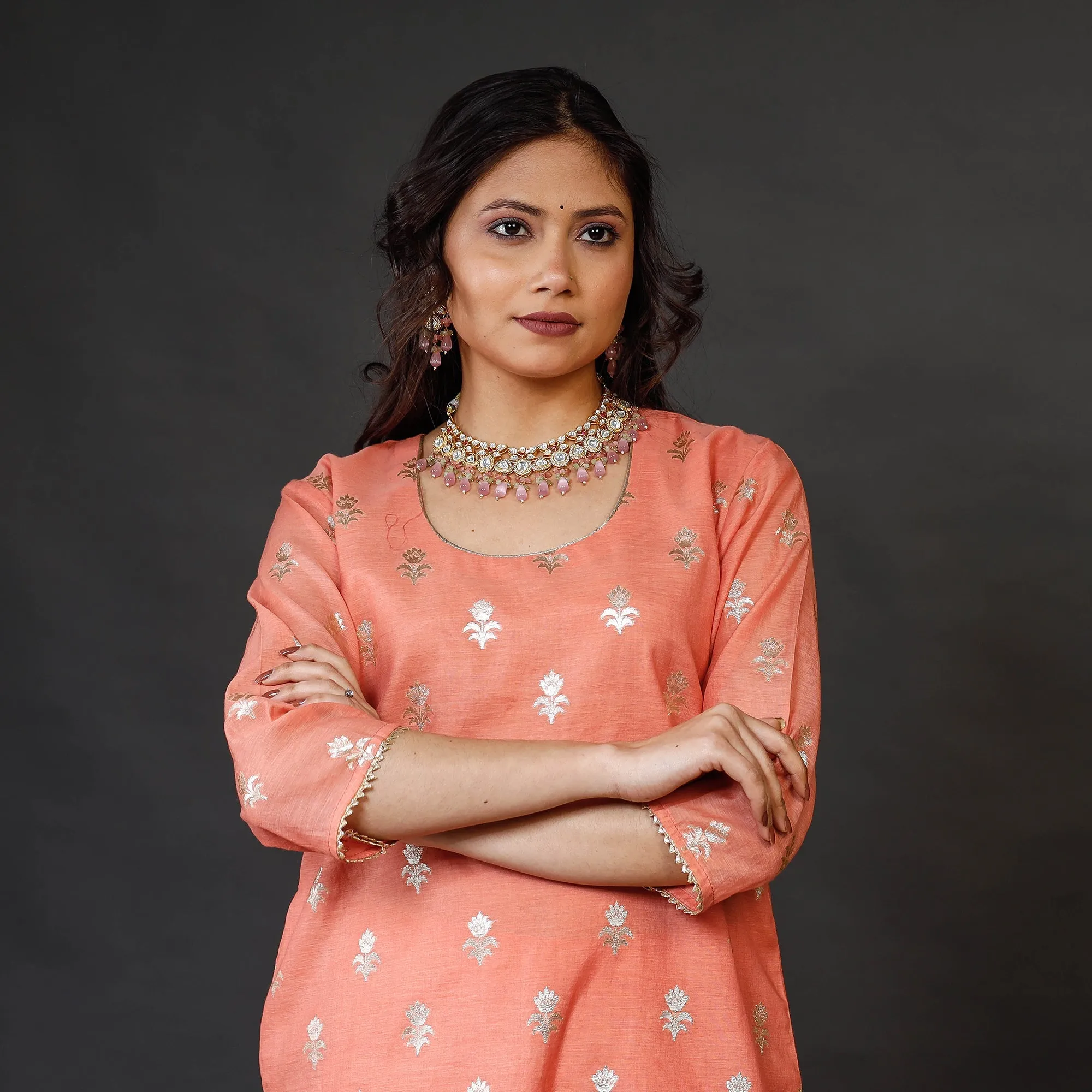 Peach - Banarasi Silk Zari Work Kurta with Palazzo & Dupatta Set sold by Itokri product image thumbnail 4