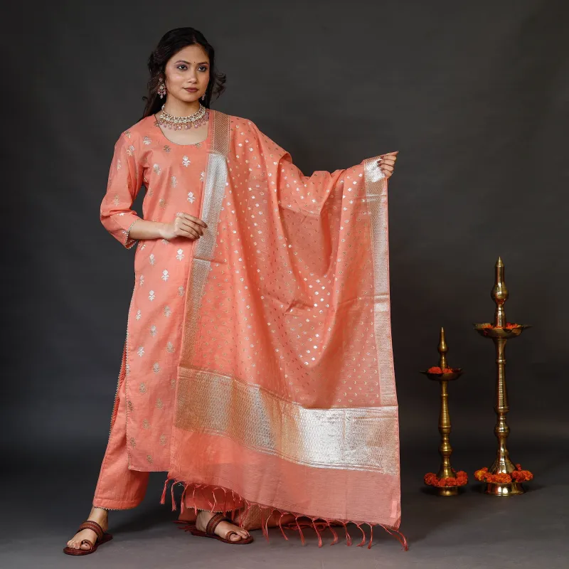 Peach - Banarasi Silk Zari Work Kurta with Palazzo & Dupatta Set made by Itokri