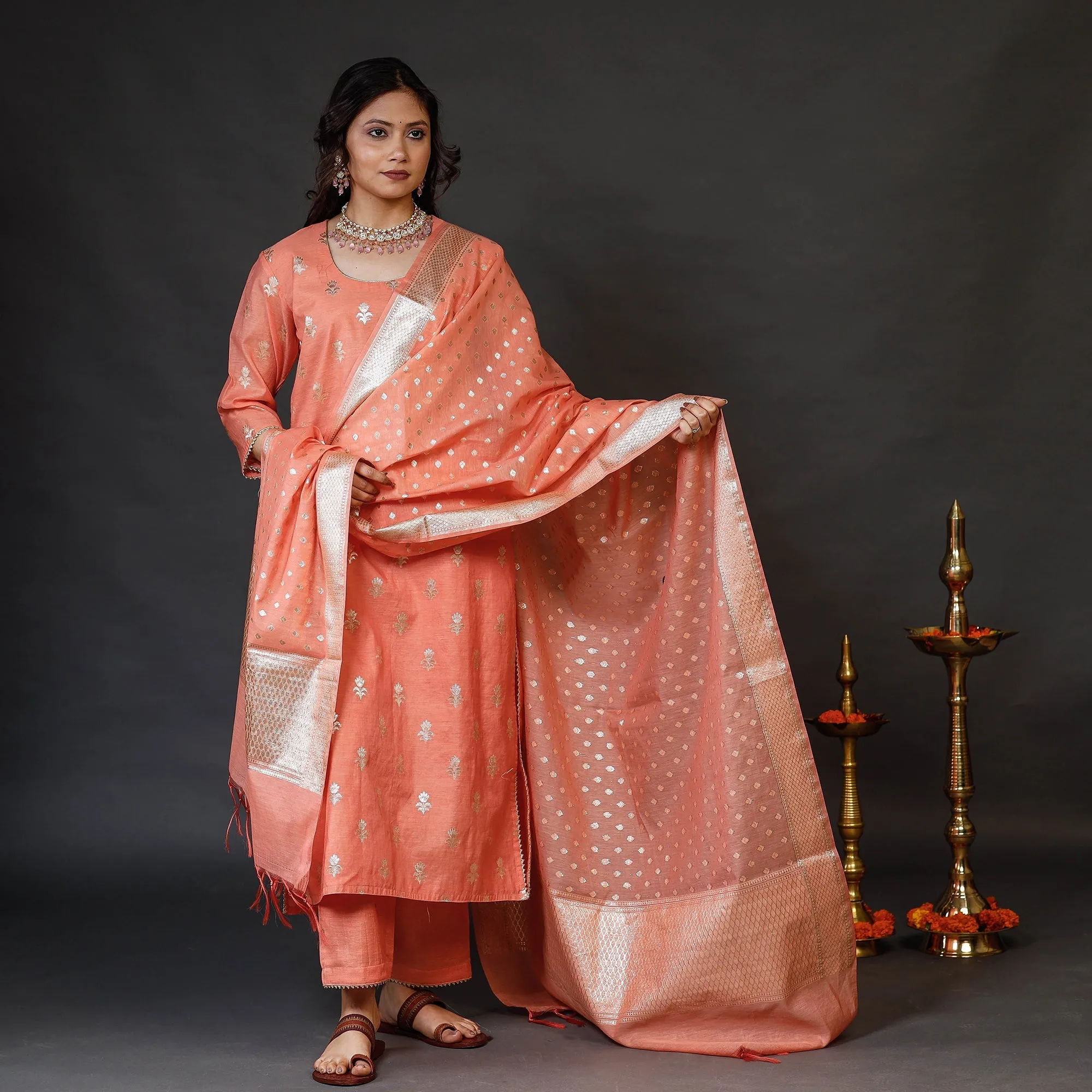 Peach - Banarasi Silk Zari Work Kurta with Palazzo & Dupatta Set sold by Itokri product image thumbnail 2