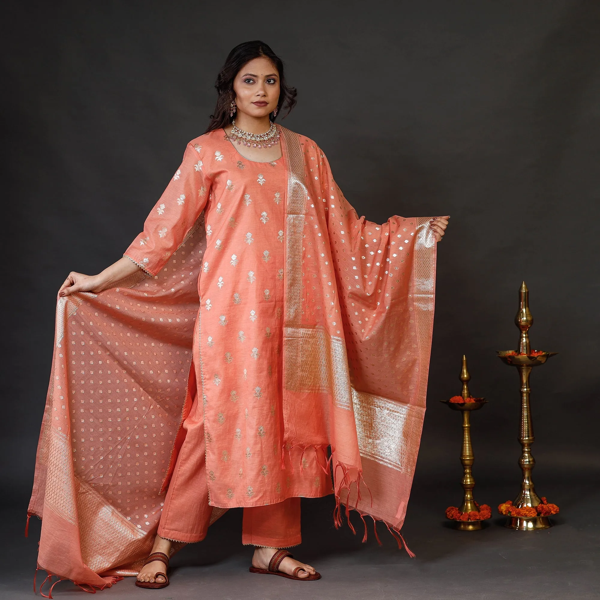 Peach - Banarasi Silk Zari Work Kurta with Palazzo & Dupatta Set sold by Itokri product image thumbnail 3