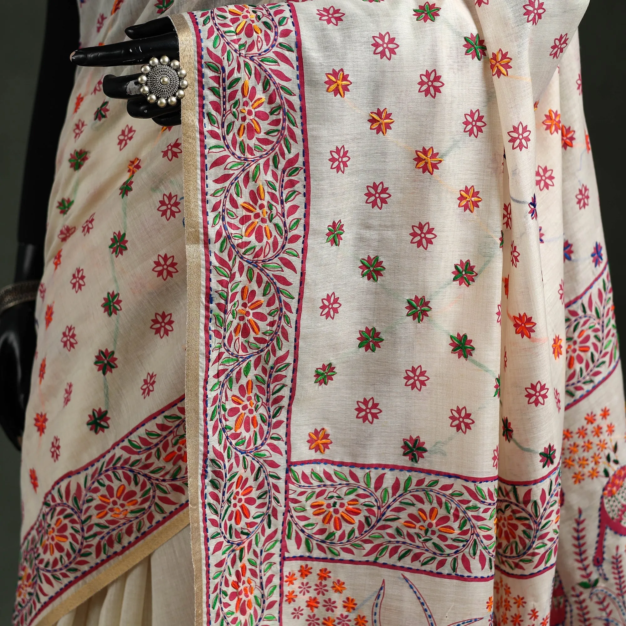 Bengal Kantha Hand Embroidery Silk Cotton Chapa Work Saree 33 sold by Itokri product image thumbnail 3