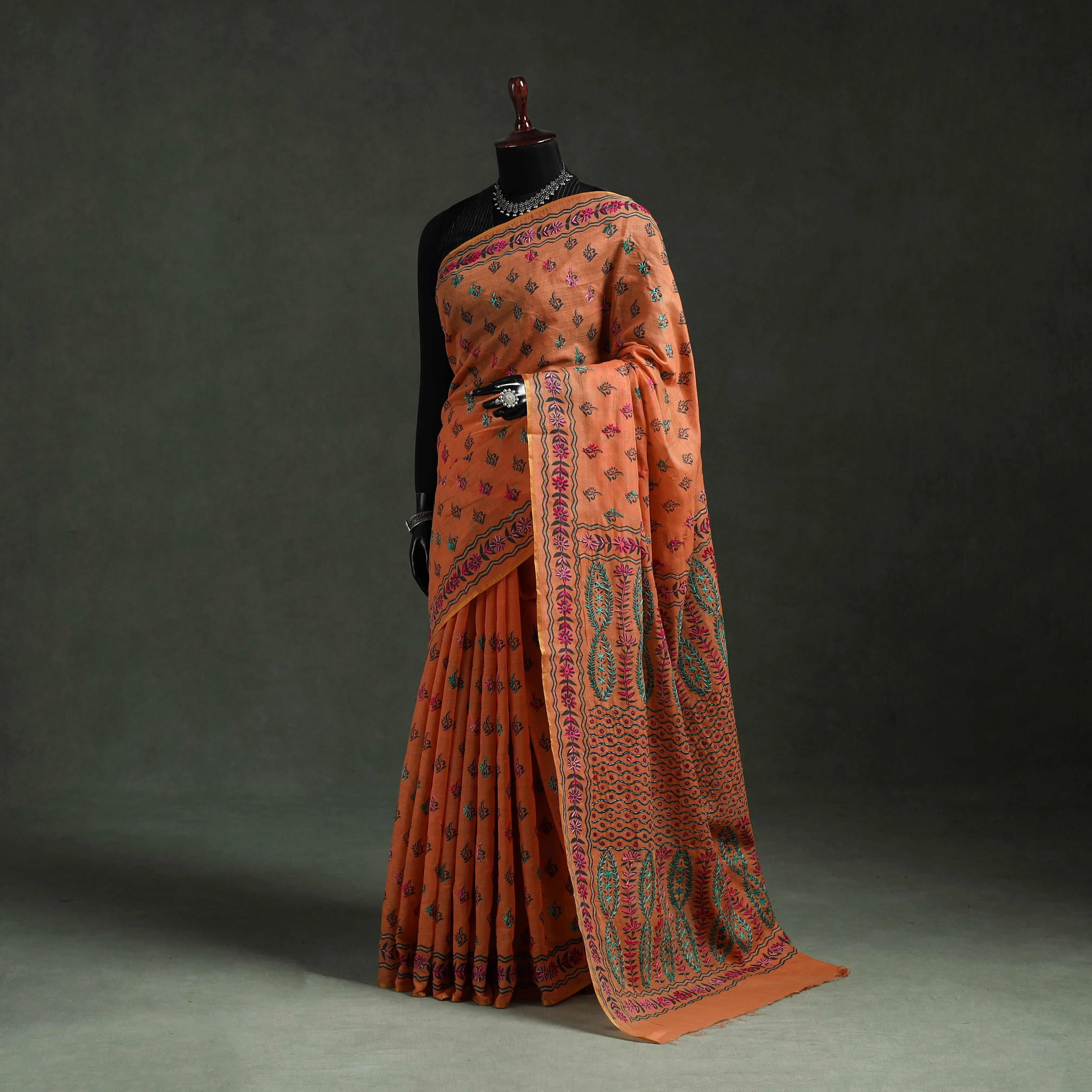 Orange - Bengal Kantha Hand Embroidery Silk Cotton Chapa Work Saree 31 sold by Itokri