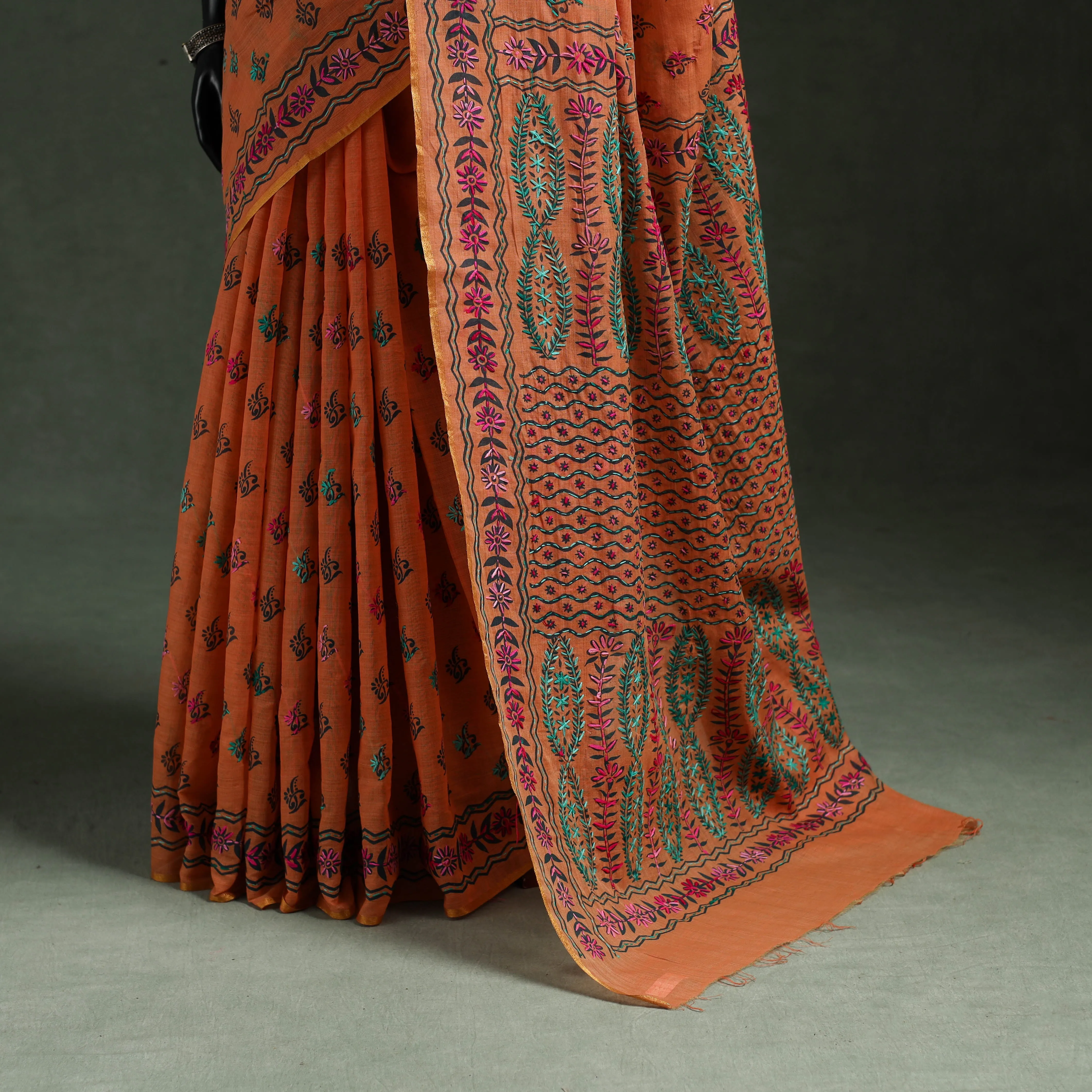 Orange - Bengal Kantha Hand Embroidery Silk Cotton Chapa Work Saree 31 sold by Itokri product image thumbnail 4