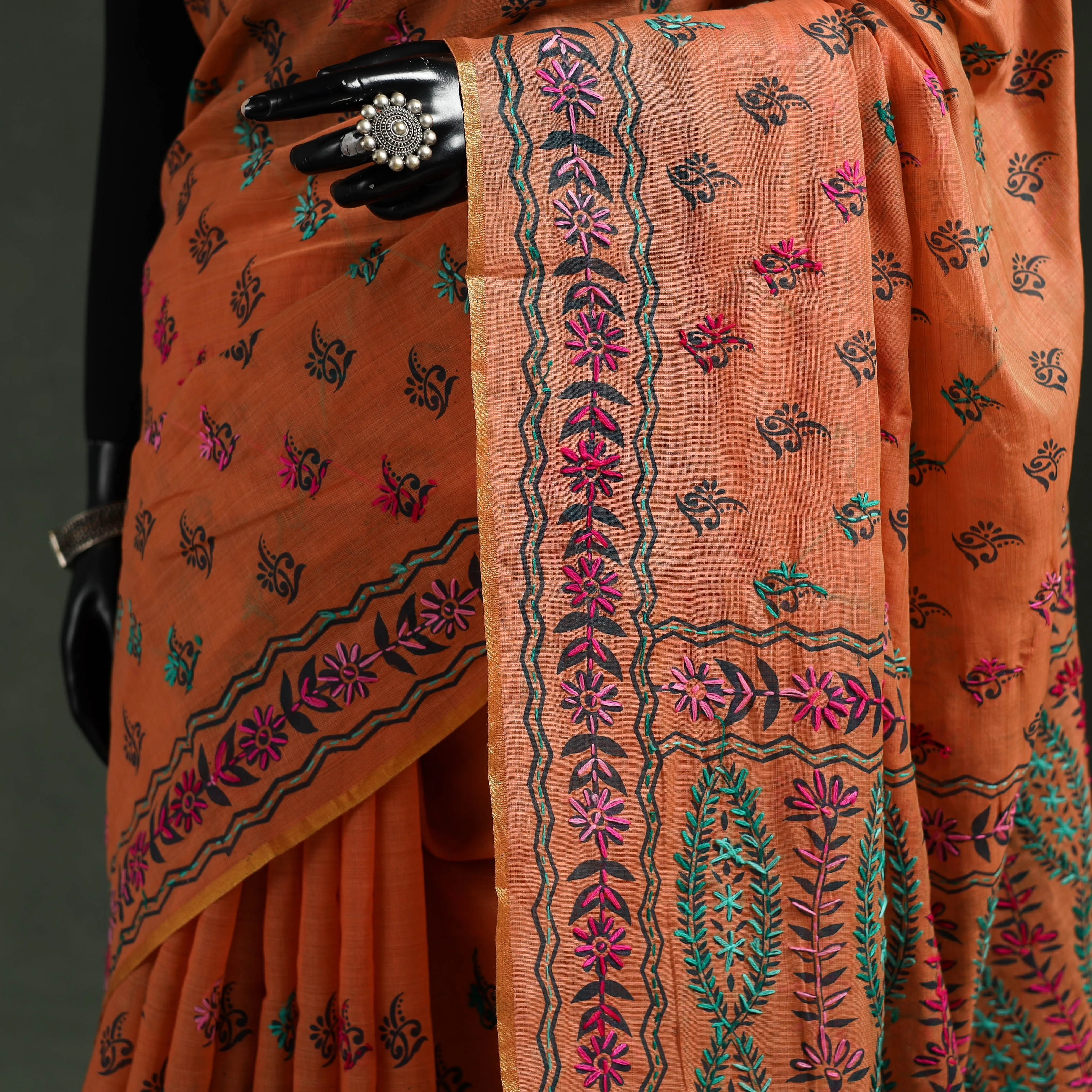 Orange - Bengal Kantha Hand Embroidery Silk Cotton Chapa Work Saree 31 sold by Itokri product image thumbnail 3