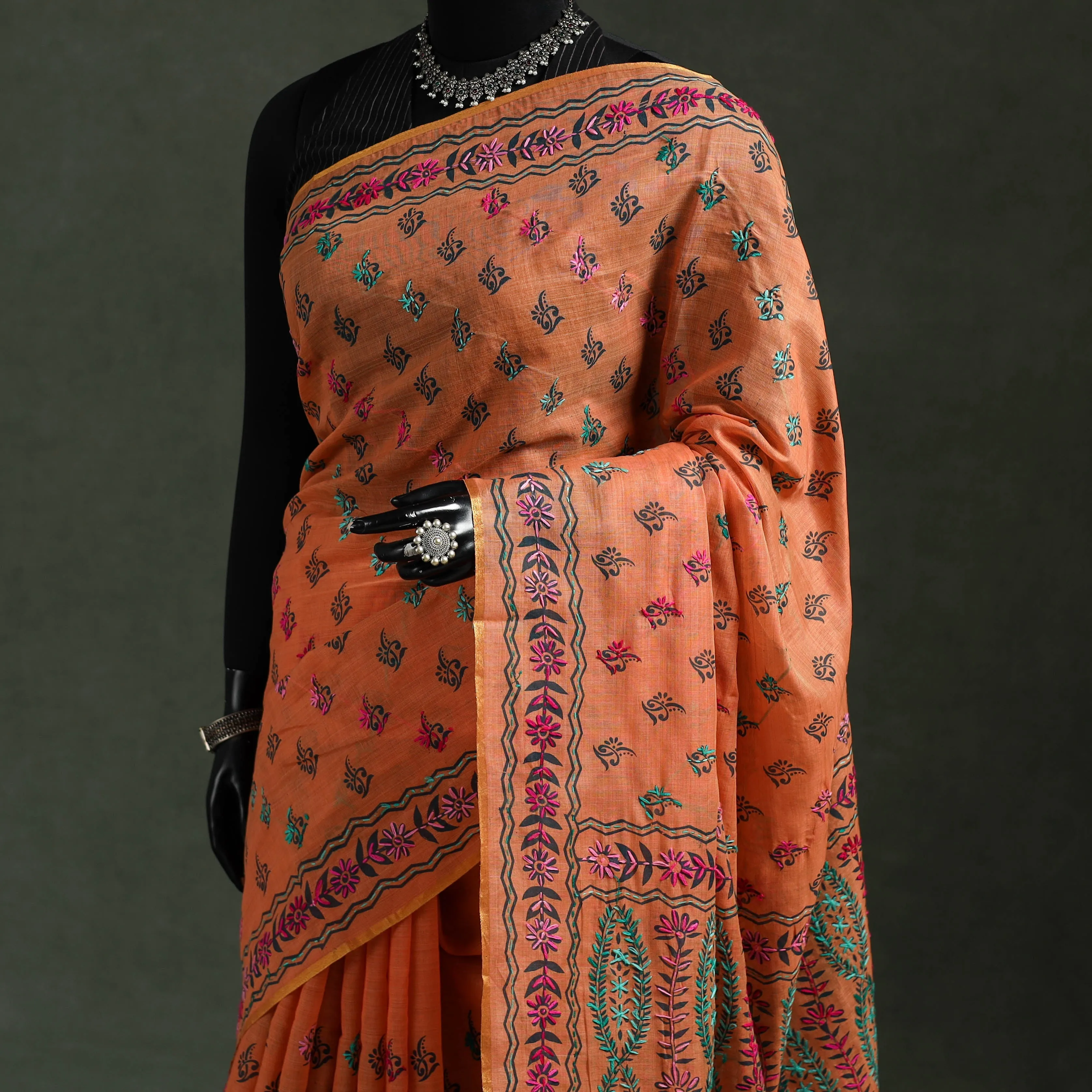 Orange - Bengal Kantha Hand Embroidery Silk Cotton Chapa Work Saree 31 sold by Itokri product image thumbnail 2