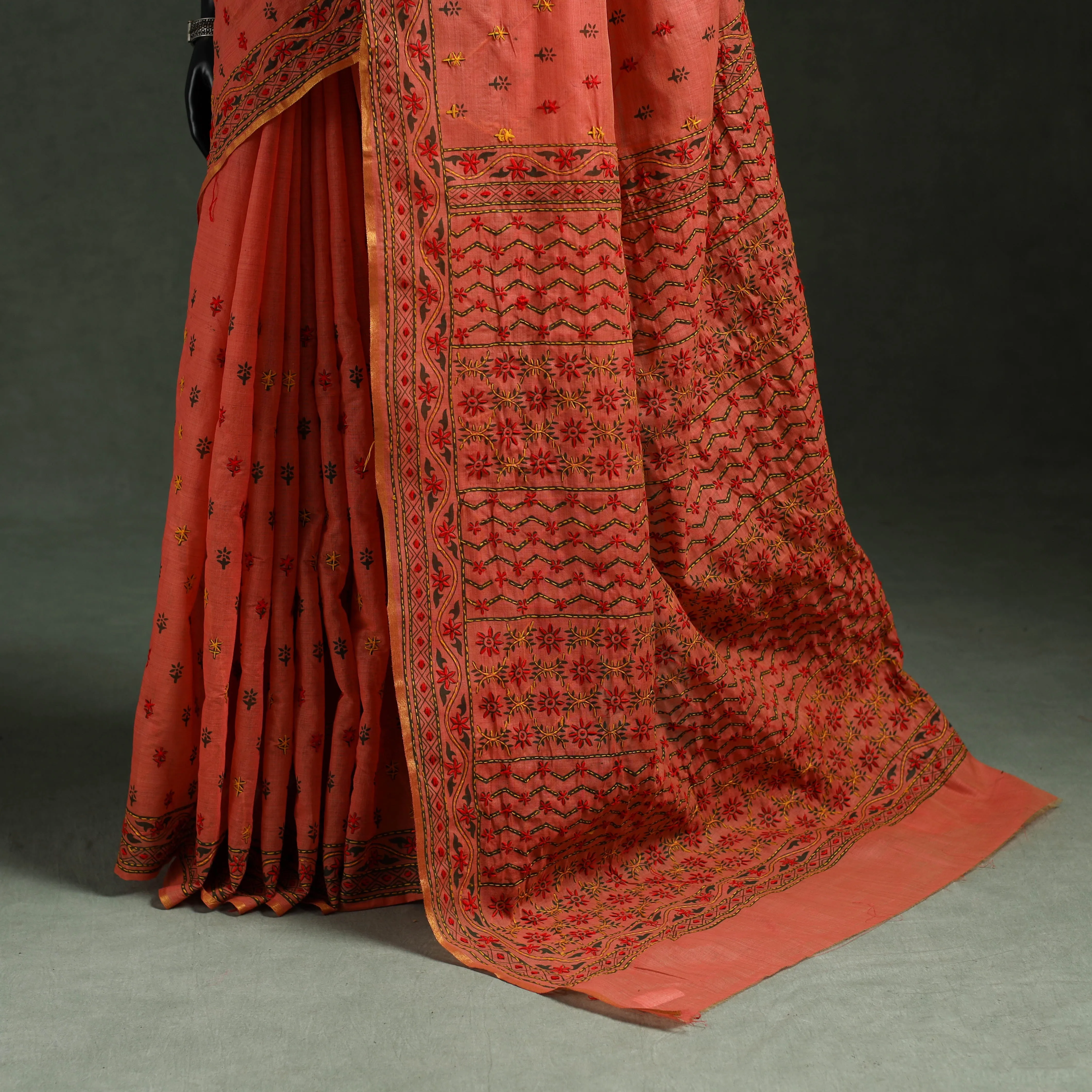 Orange - Bengal Kantha Hand Embroidery Silk Cotton Chapa Work Saree 30 sold by Itokri product image thumbnail 4