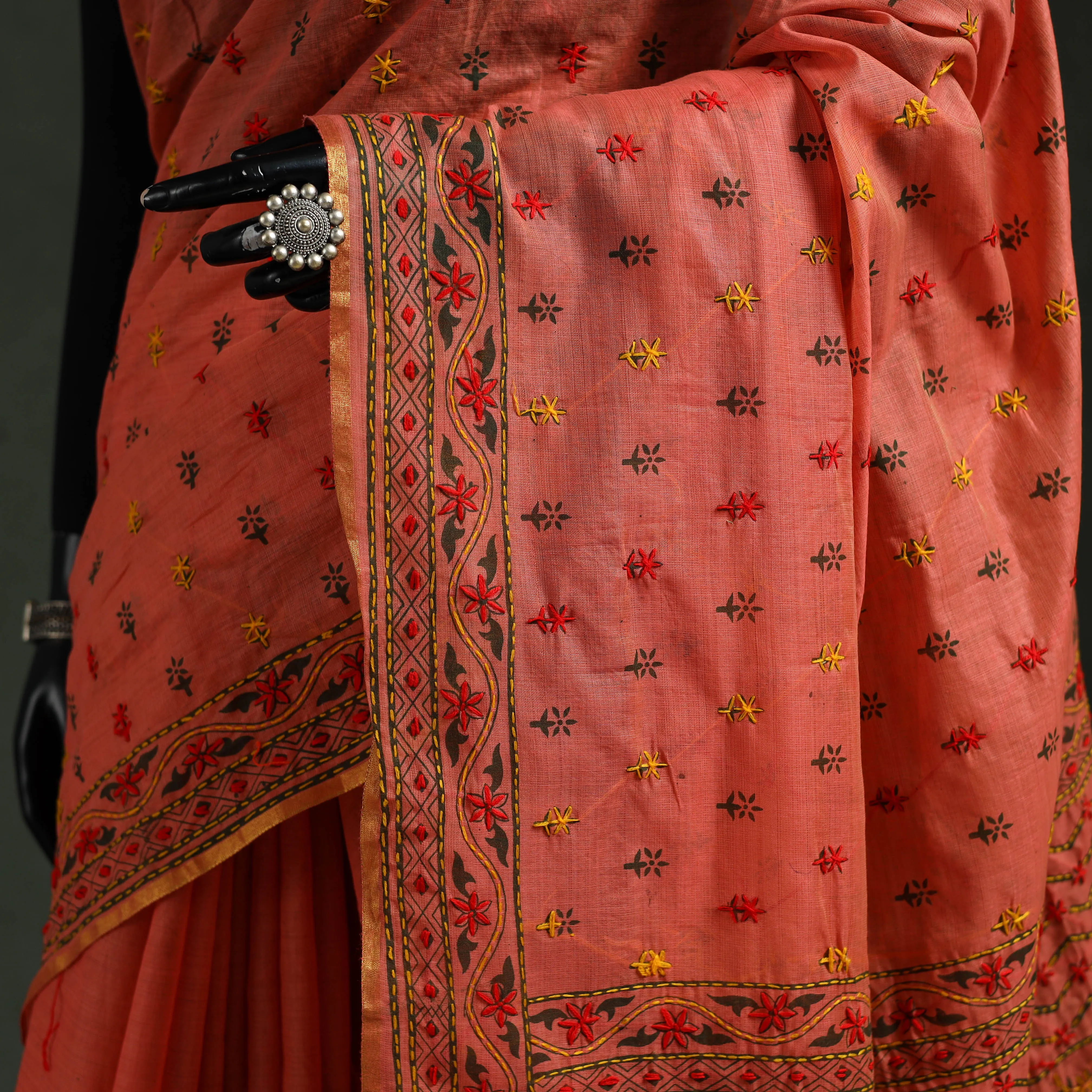 Orange - Bengal Kantha Hand Embroidery Silk Cotton Chapa Work Saree 30 sold by Itokri product image thumbnail 3