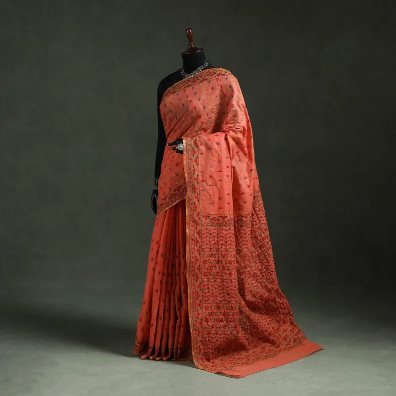Orange - Bengal Kantha Hand Embroidery Silk Cotton Chapa Work Saree 30 made by Itokri