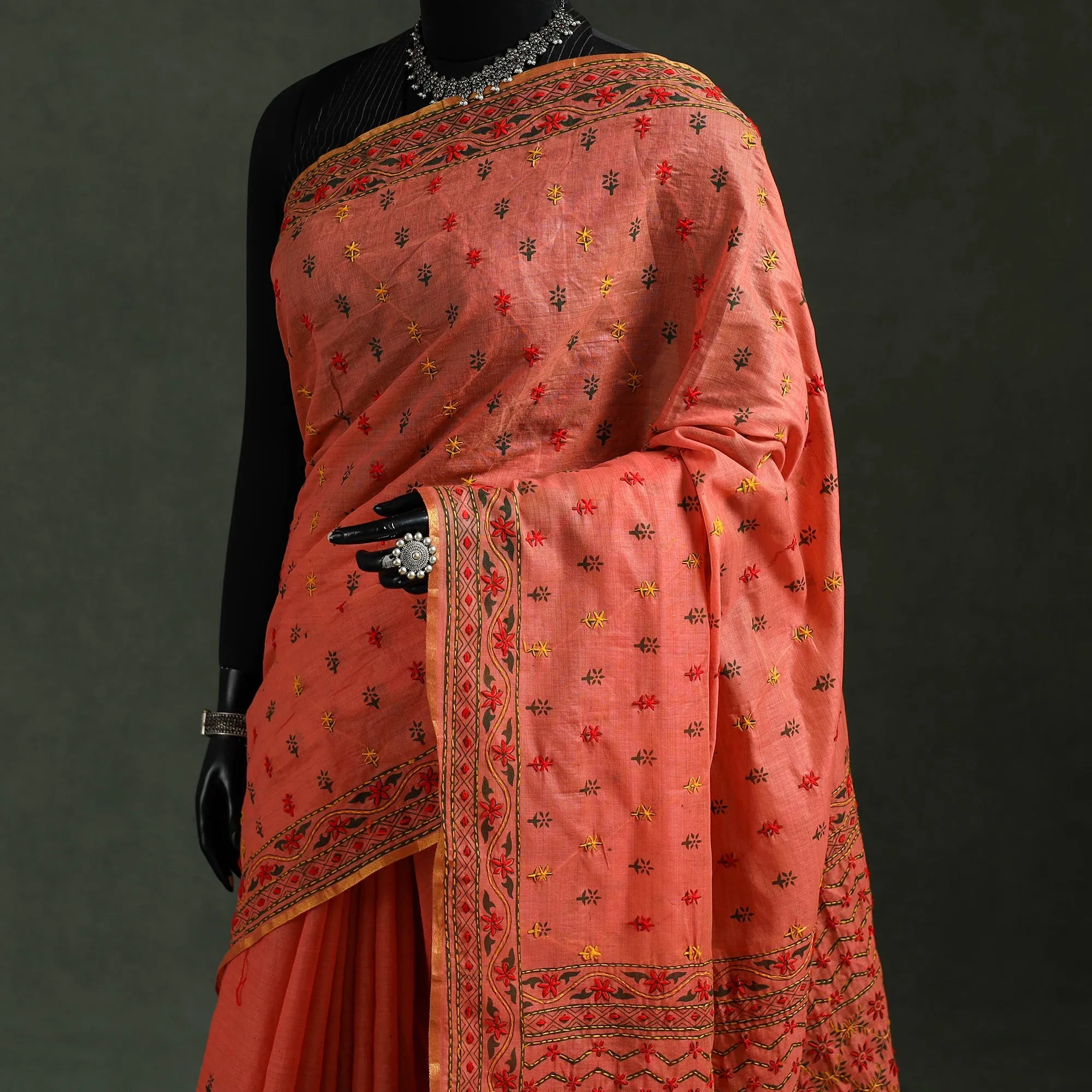 Orange - Bengal Kantha Hand Embroidery Silk Cotton Chapa Work Saree 30 sold by Itokri product image thumbnail 2