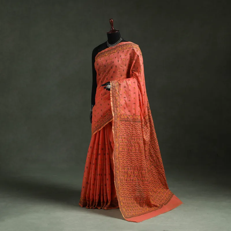 Orange - Bengal Kantha Hand Embroidery Silk Cotton Chapa Work Saree 29 made by Itokri