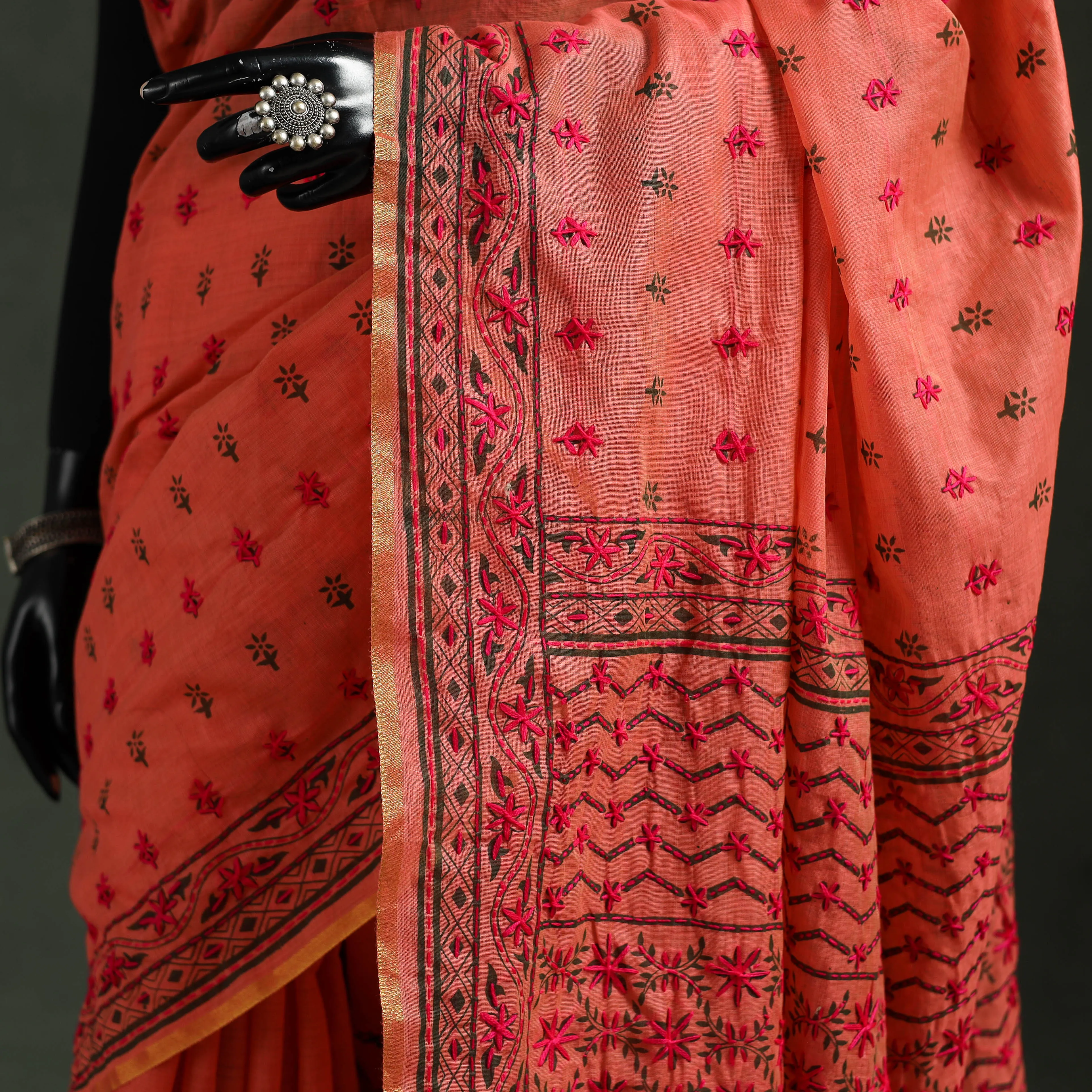 Orange - Bengal Kantha Hand Embroidery Silk Cotton Chapa Work Saree 28 sold by Itokri product image thumbnail 3