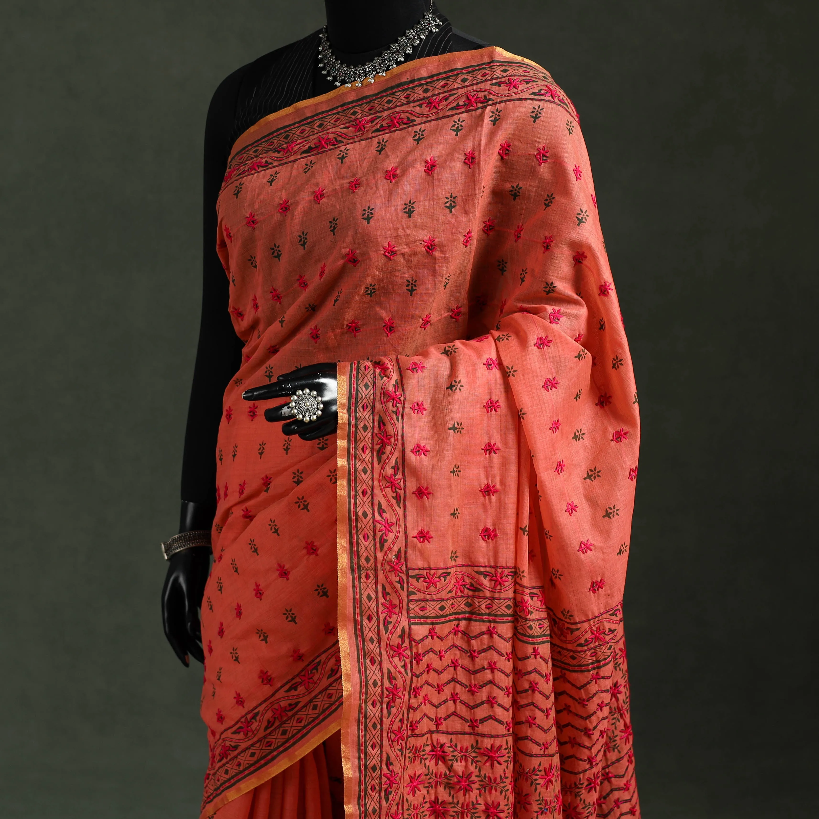 Orange - Bengal Kantha Hand Embroidery Silk Cotton Chapa Work Saree 28 sold by Itokri product image thumbnail 2