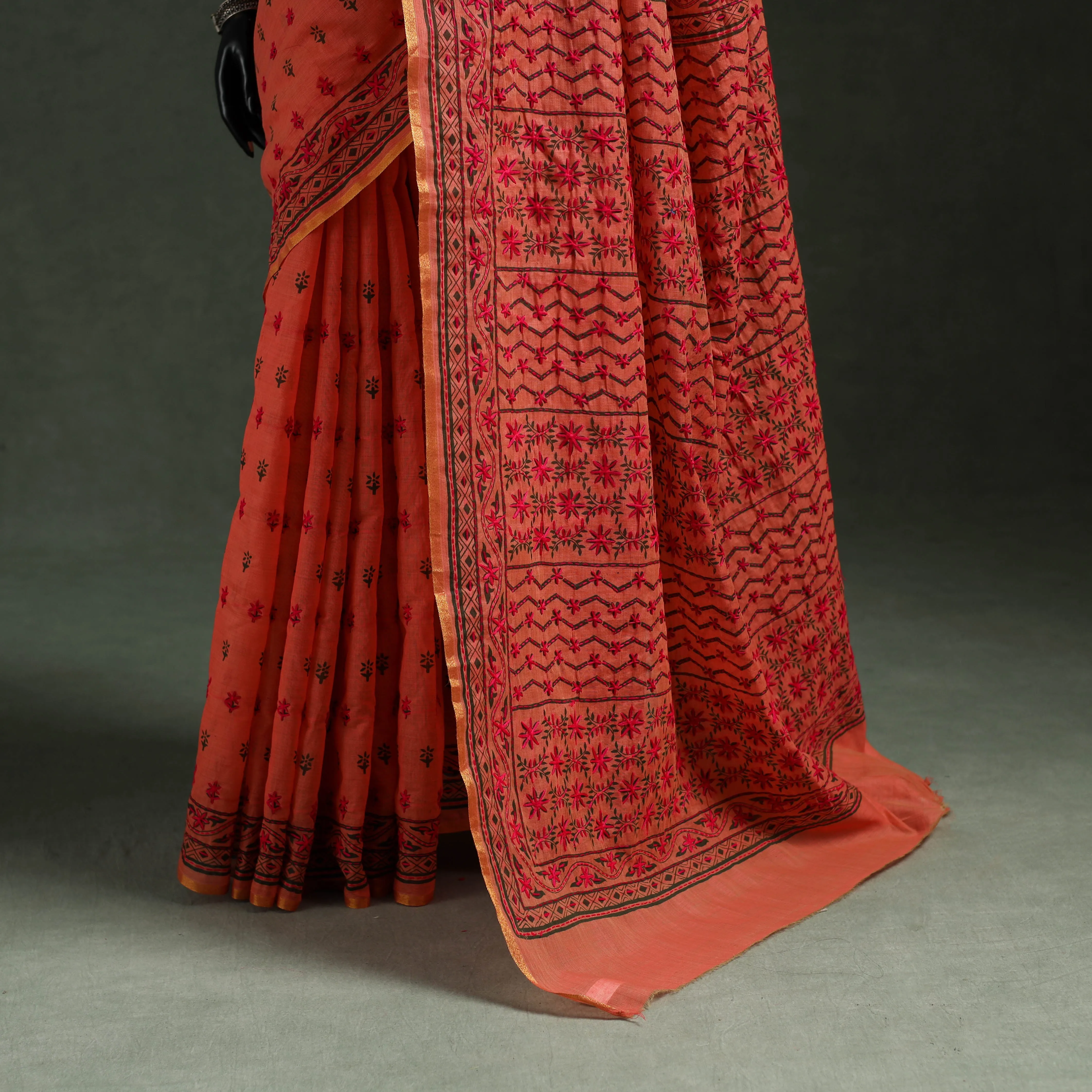 Orange - Bengal Kantha Hand Embroidery Silk Cotton Chapa Work Saree 28 sold by Itokri product image thumbnail 4