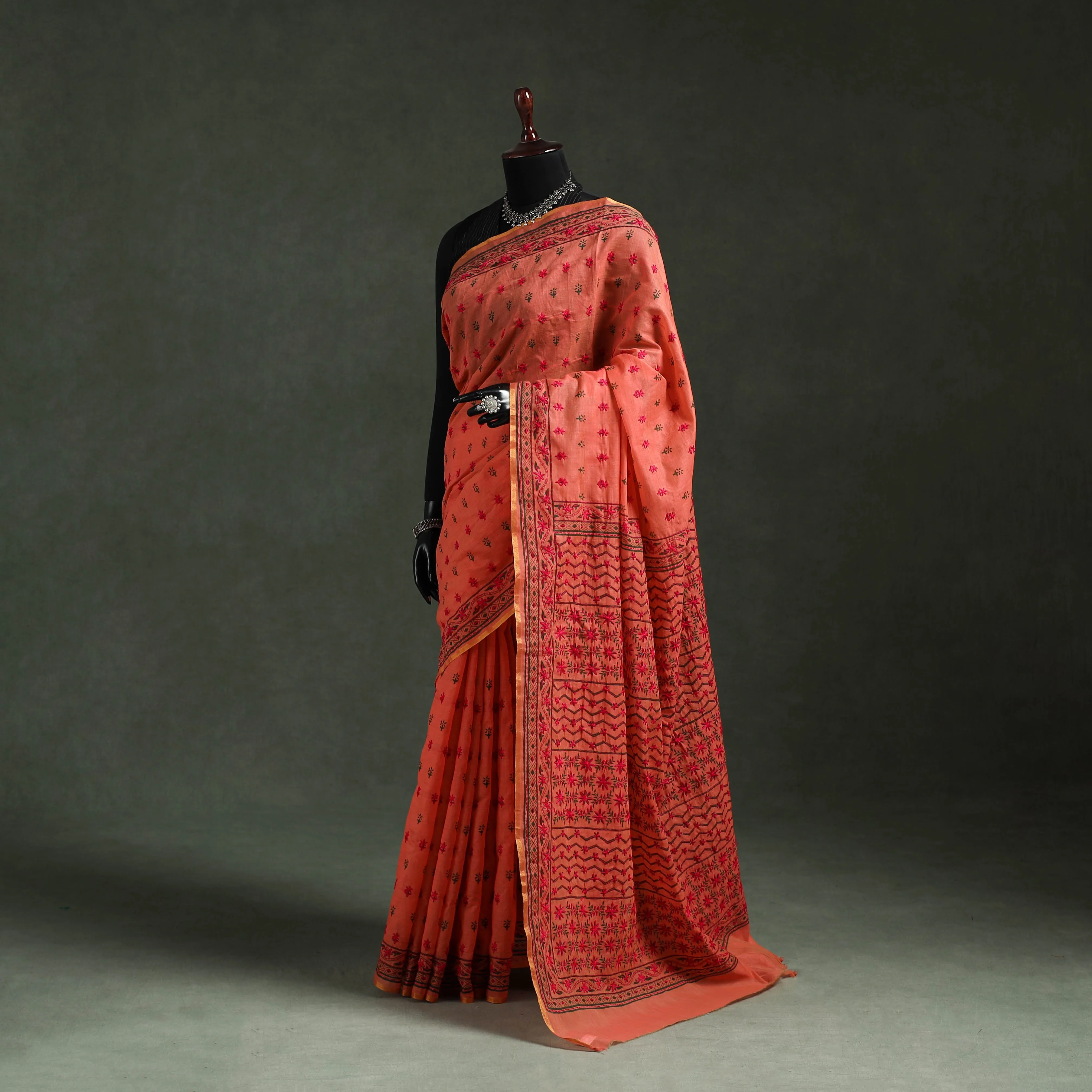 Orange - Bengal Kantha Hand Embroidery Silk Cotton Chapa Work Saree 28 sold by Itokri