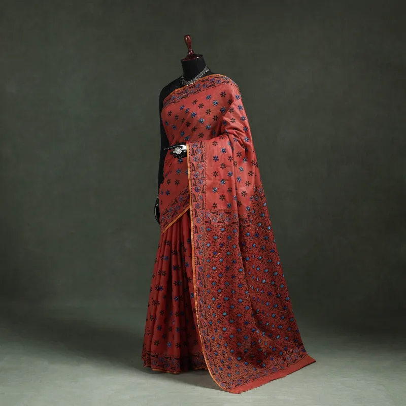 Red - Bengal Kantha Hand Embroidery Silk Cotton Chapa Work Saree 22 made by Itokri