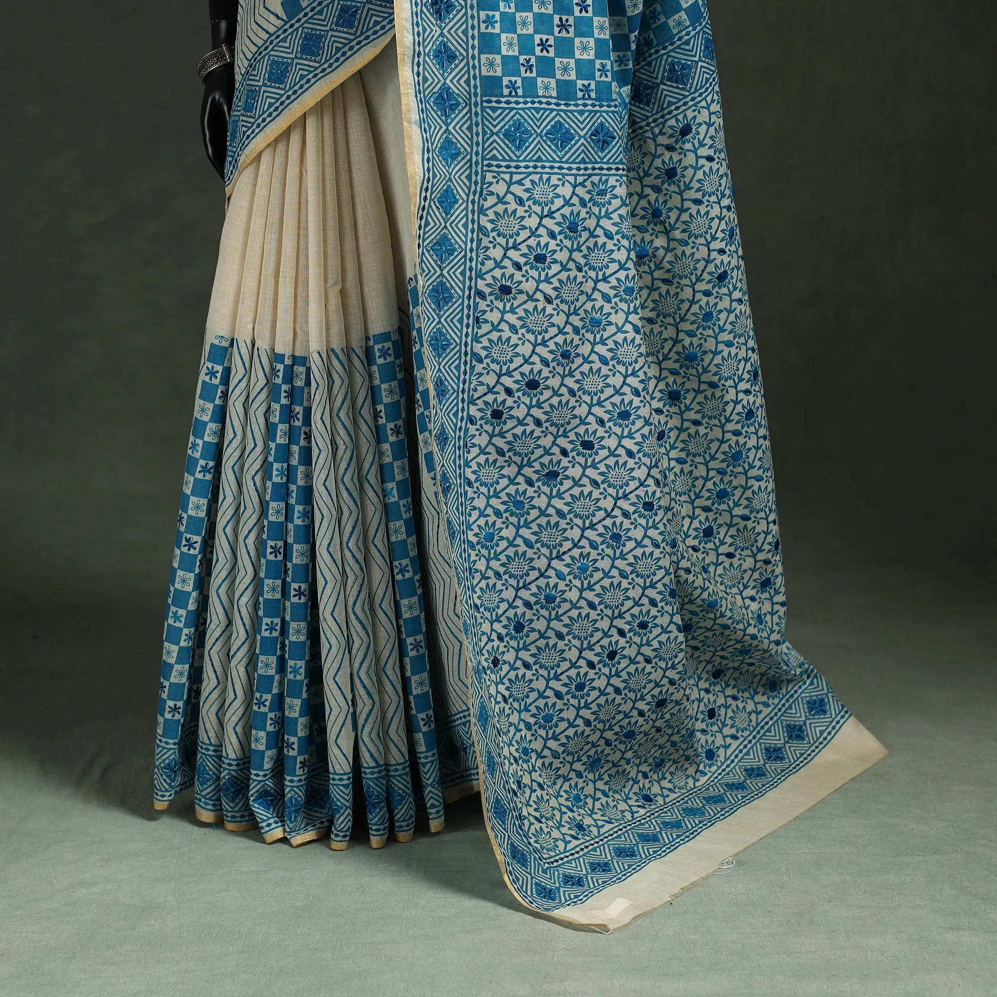 Bengal Kantha Hand Embroidery Silk Cotton Chapa Work Saree 18 sold by Itokri product image thumbnail 4