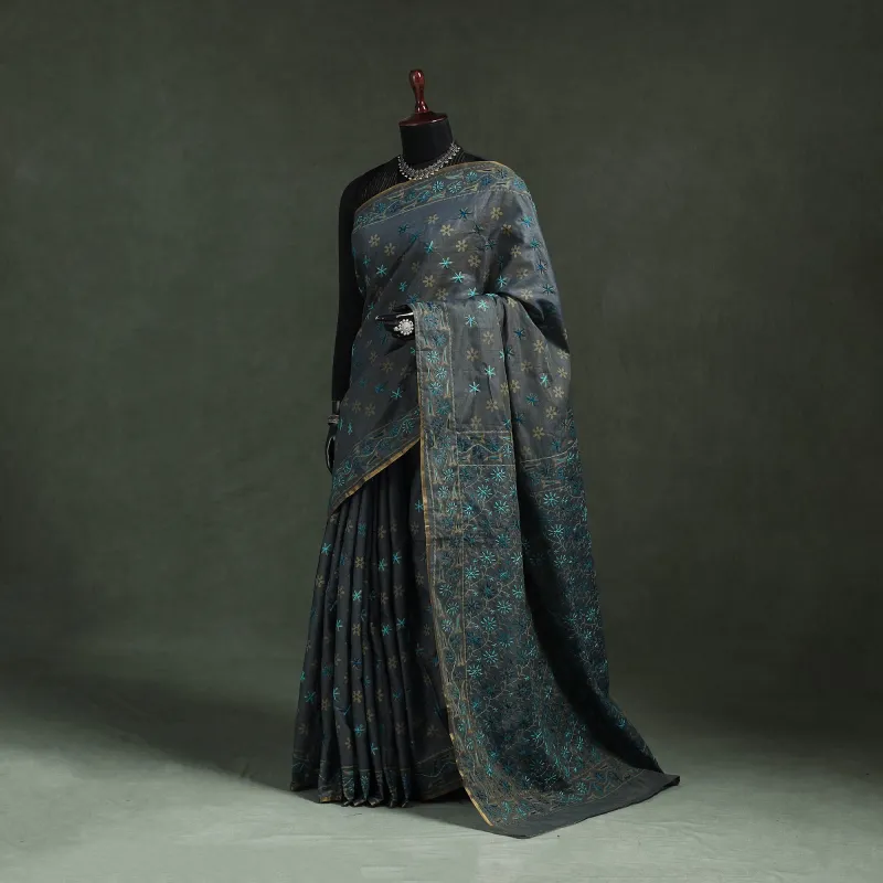 Blue - Bengal Kantha Hand Embroidery Silk Cotton Chapa Work Saree 17 made by Itokri