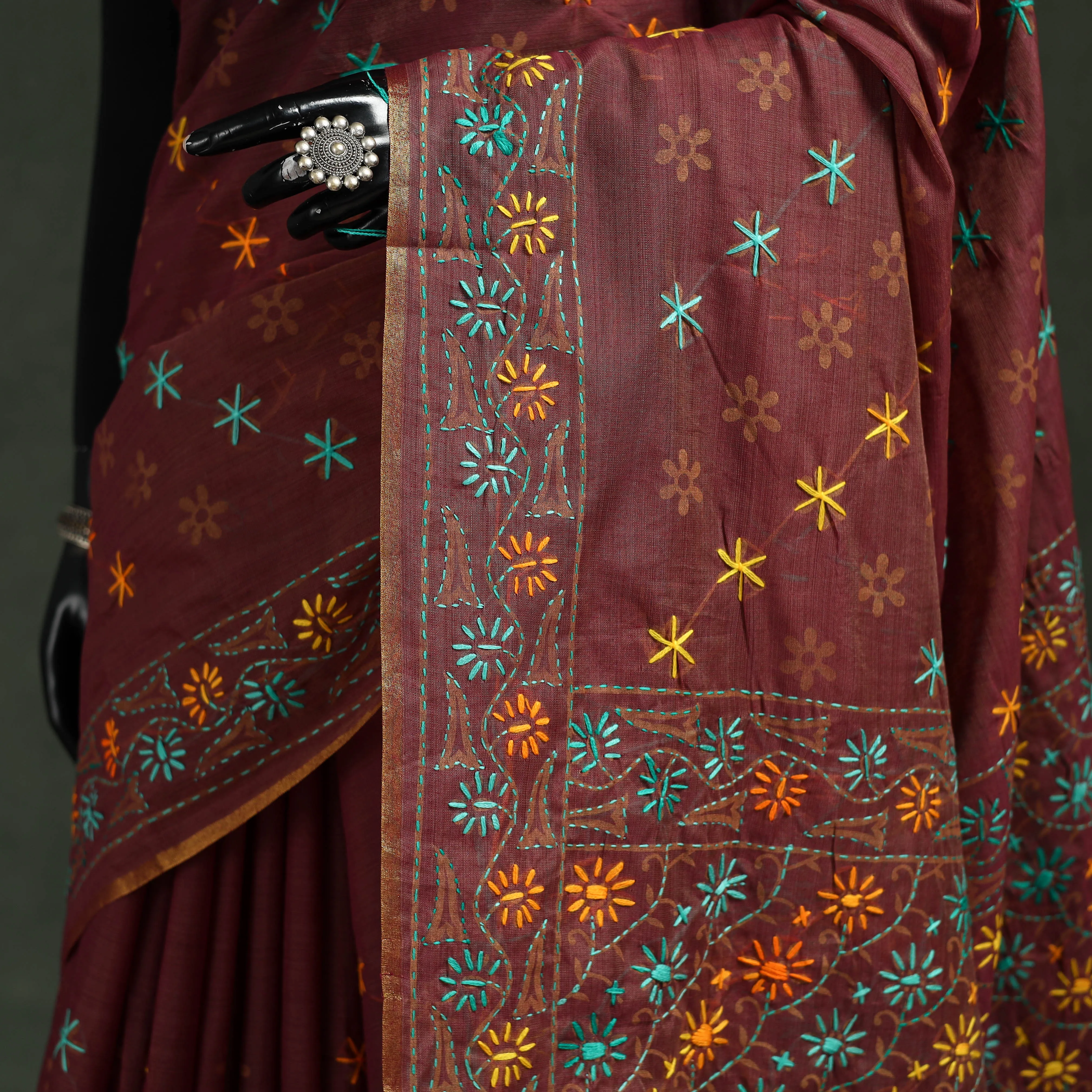 Brown - Bengal Kantha Hand Embroidery Silk Cotton Chapa Work Saree 15 sold by Itokri product image thumbnail 3