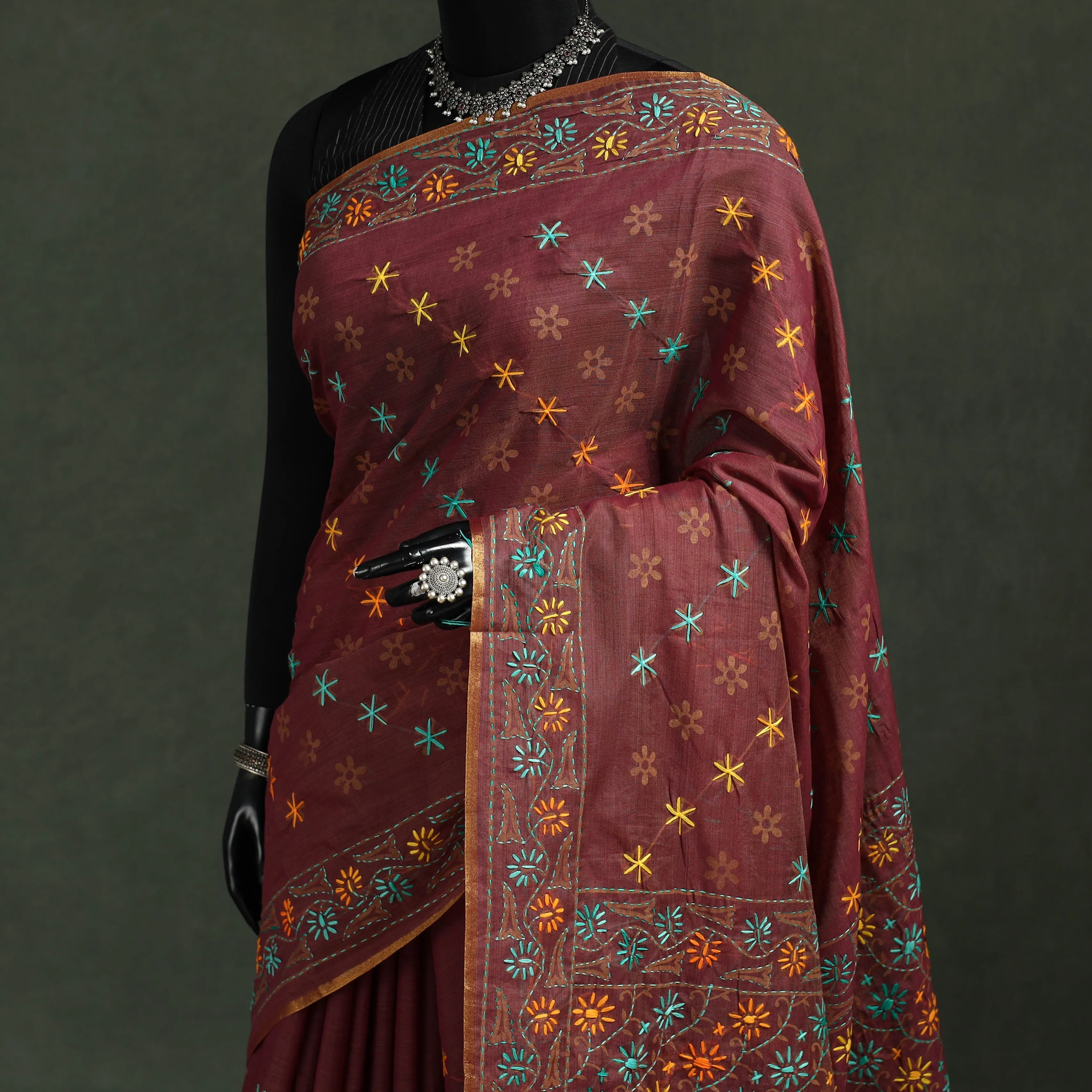 Brown - Bengal Kantha Hand Embroidery Silk Cotton Chapa Work Saree 15 sold by Itokri product image thumbnail 2