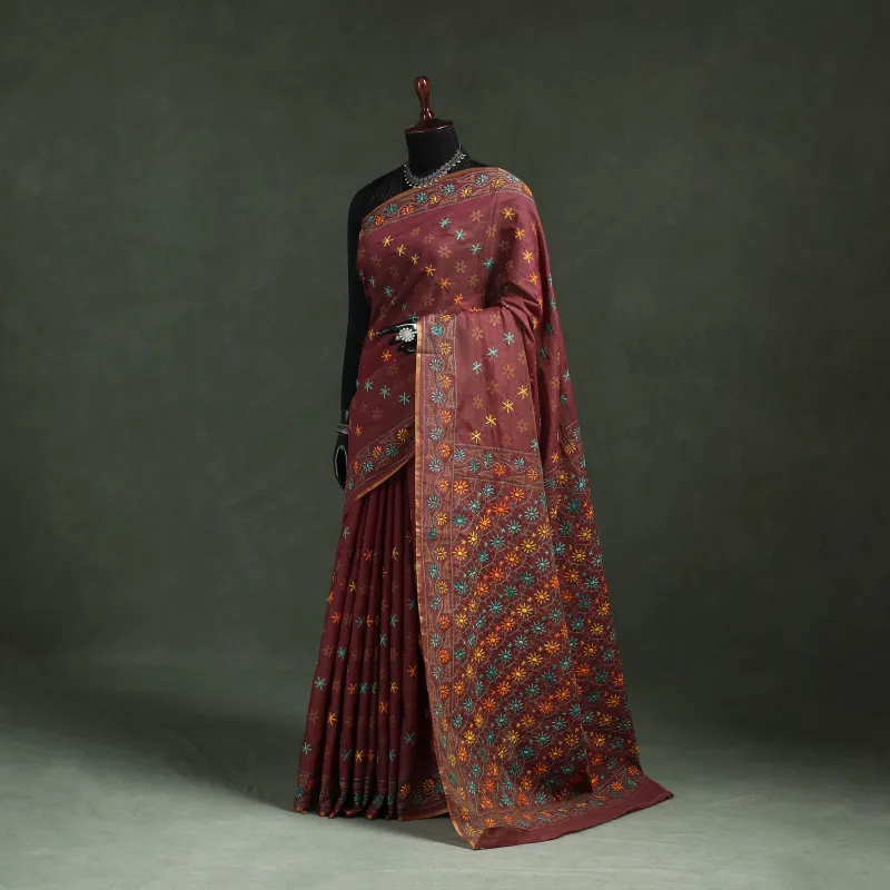 Brown - Bengal Kantha Hand Embroidery Silk Cotton Chapa Work Saree 15 made by Itokri