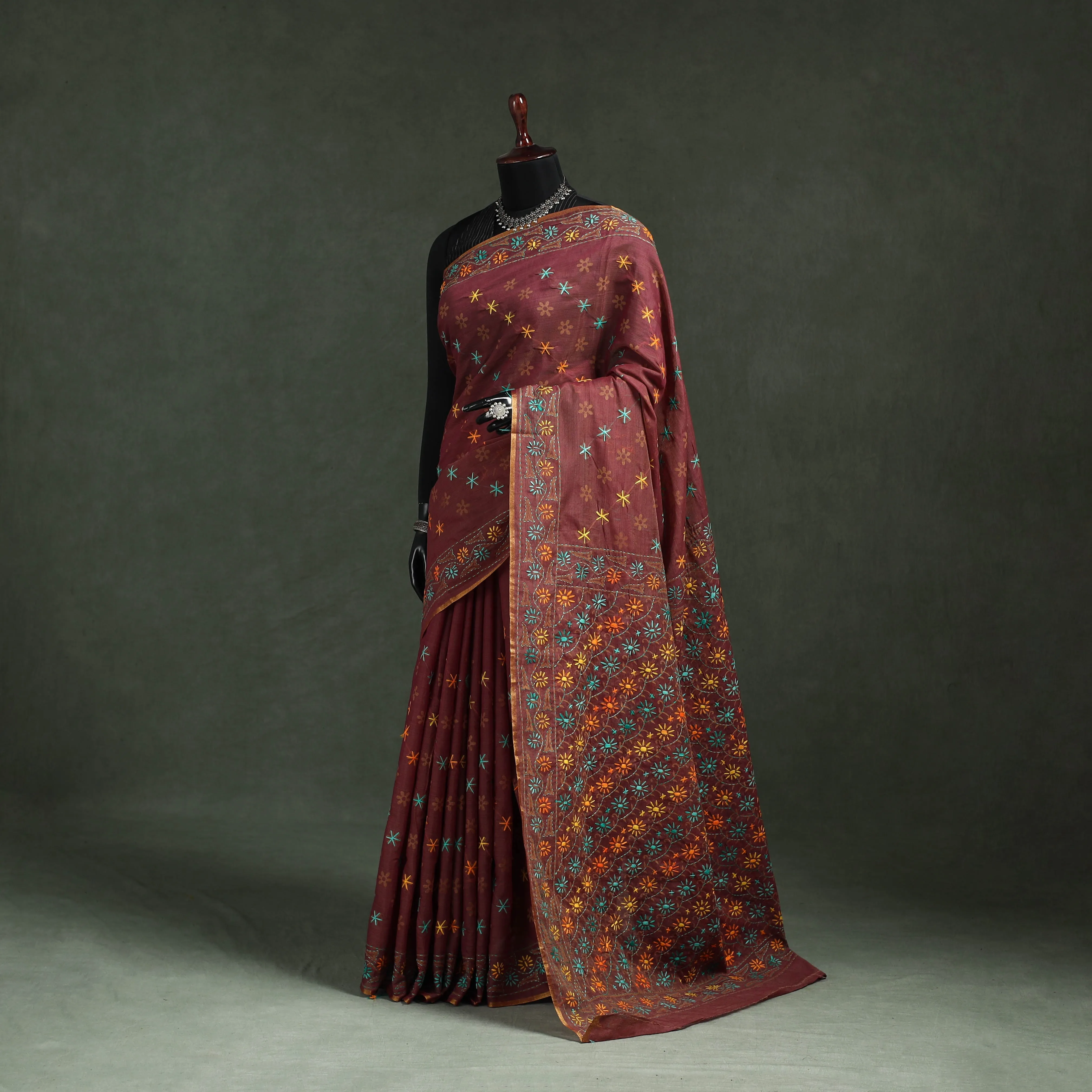 Brown - Bengal Kantha Hand Embroidery Silk Cotton Chapa Work Saree 15 sold by Itokri