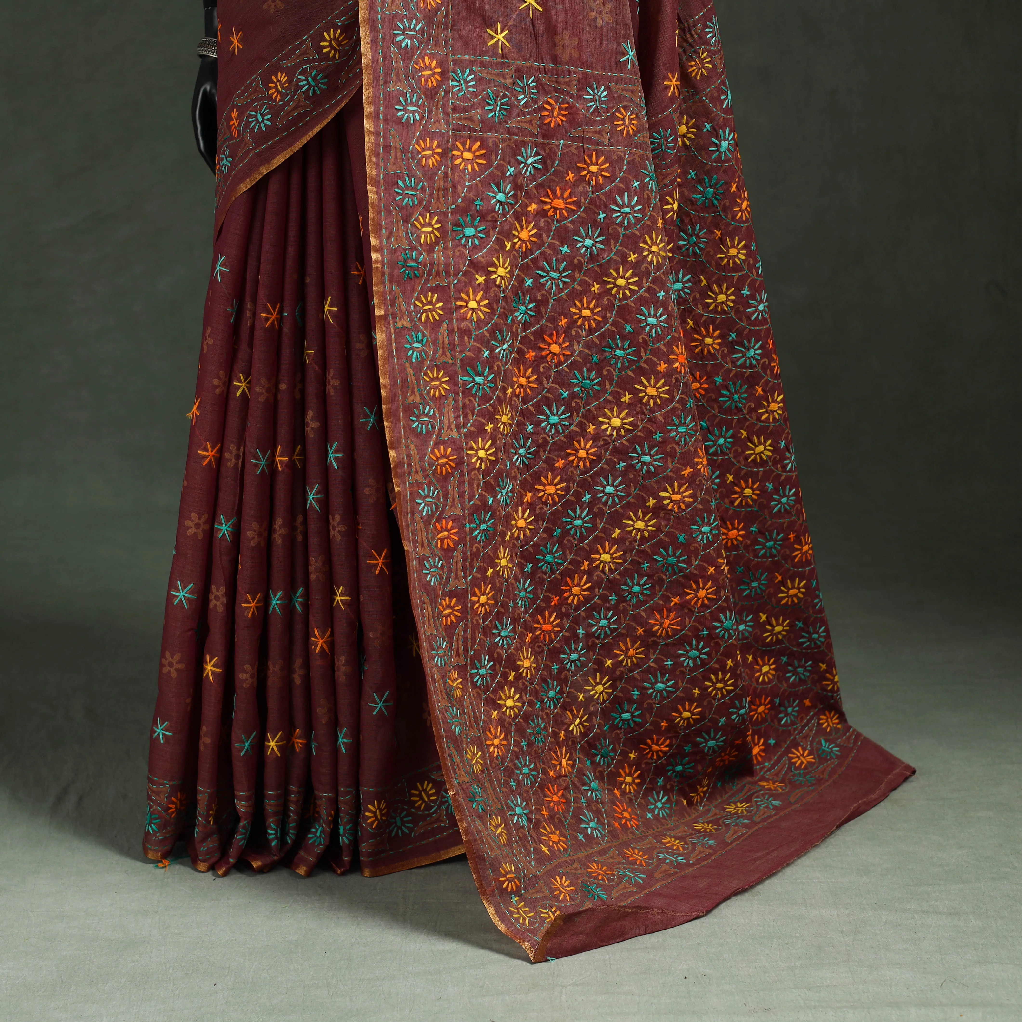Brown - Bengal Kantha Hand Embroidery Silk Cotton Chapa Work Saree 15 sold by Itokri product image thumbnail 4