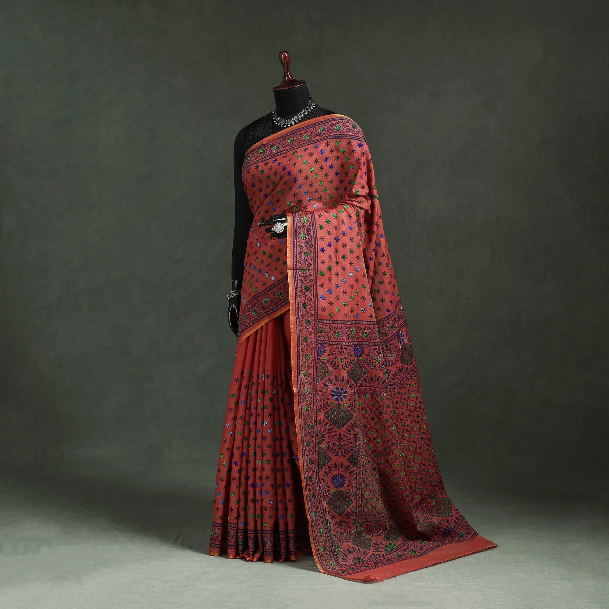 Bengal Kantha Hand Embroidery Silk Cotton Chapa Work Saree 14 sold by Itokri