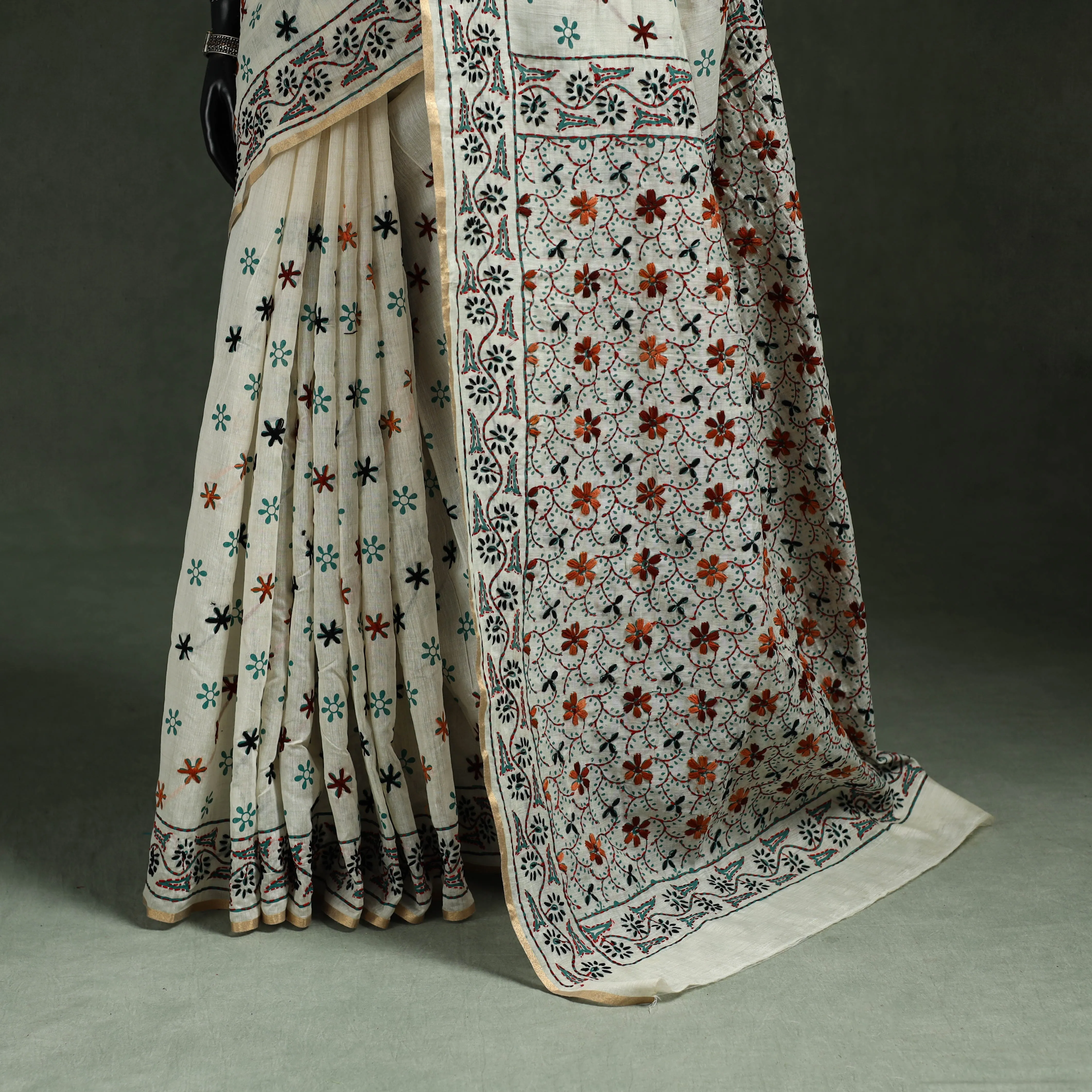 Bengal Kantha Hand Embroidery Silk Cotton Chapa Work Saree 12 sold by Itokri product image thumbnail 4