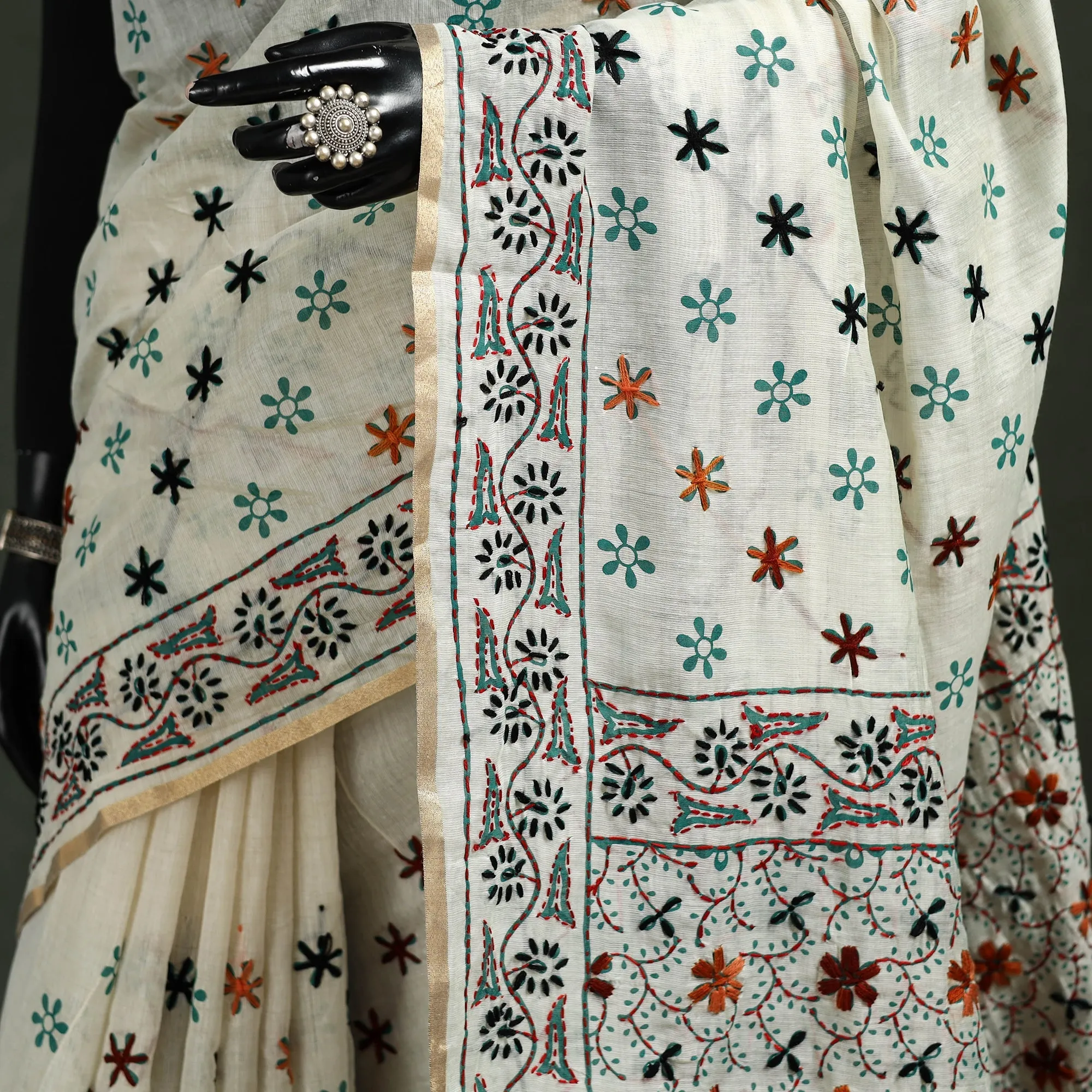 Bengal Kantha Hand Embroidery Silk Cotton Chapa Work Saree 12 sold by Itokri product image thumbnail 3