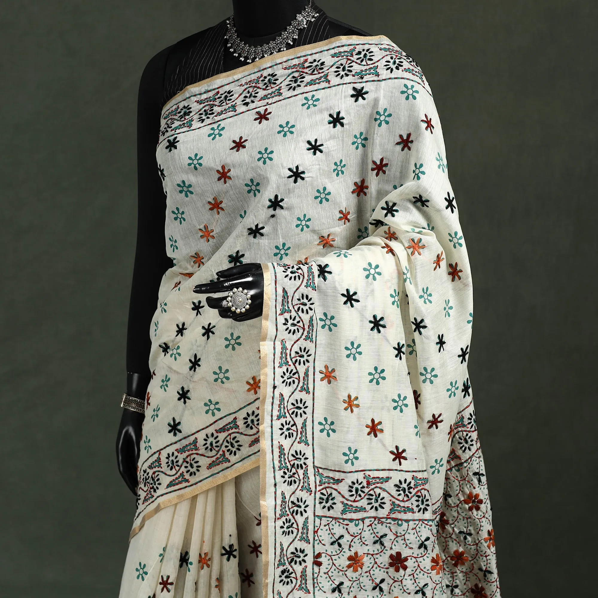 Bengal Kantha Hand Embroidery Silk Cotton Chapa Work Saree 12 sold by Itokri product image thumbnail 2