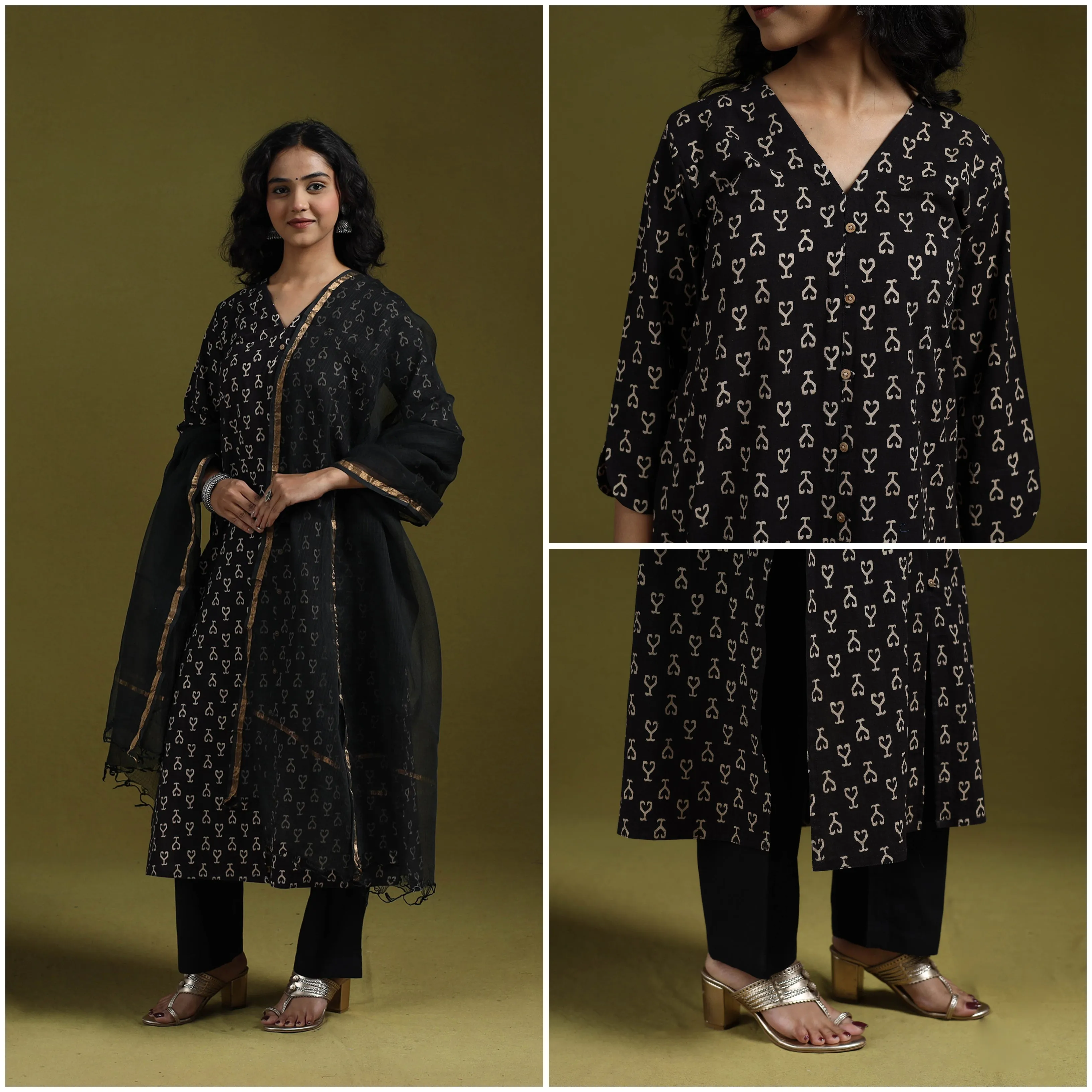 Black - Natural Dyed Ajrakh Hand Block Print Cotton Suit Set with Dupatta for women 15 sold by Itokri product image thumbnail 4