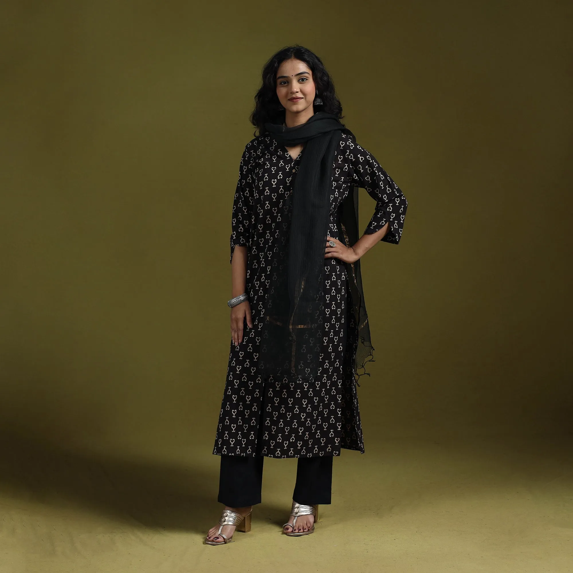 Black - Natural Dyed Ajrakh Hand Block Print Cotton Suit Set with Dupatta for women 15 sold by Itokri product image thumbnail 3