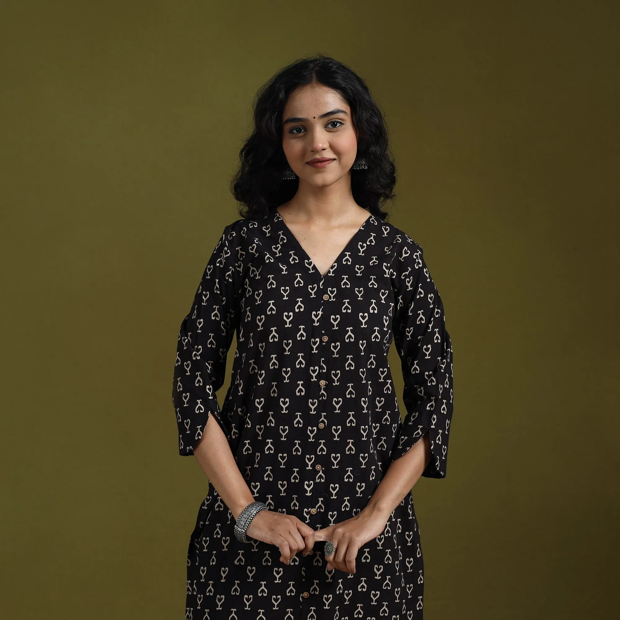 Black - Natural Dyed Ajrakh Hand Block Print Cotton Suit Set with Dupatta for women 15 sold by Itokri product image thumbnail 2