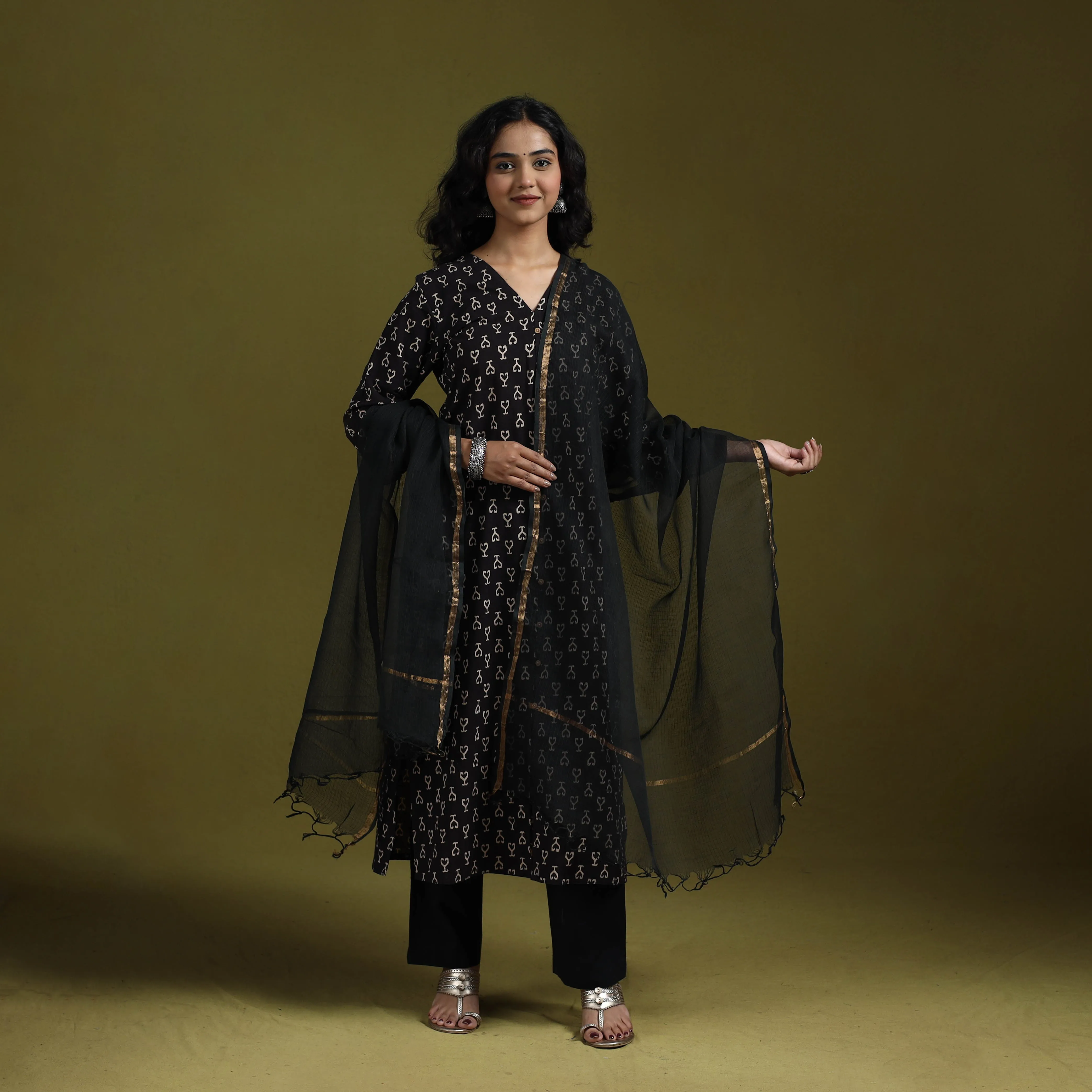 Black - Natural Dyed Ajrakh Hand Block Print Cotton Suit Set with Dupatta for women 15 sold by Itokri