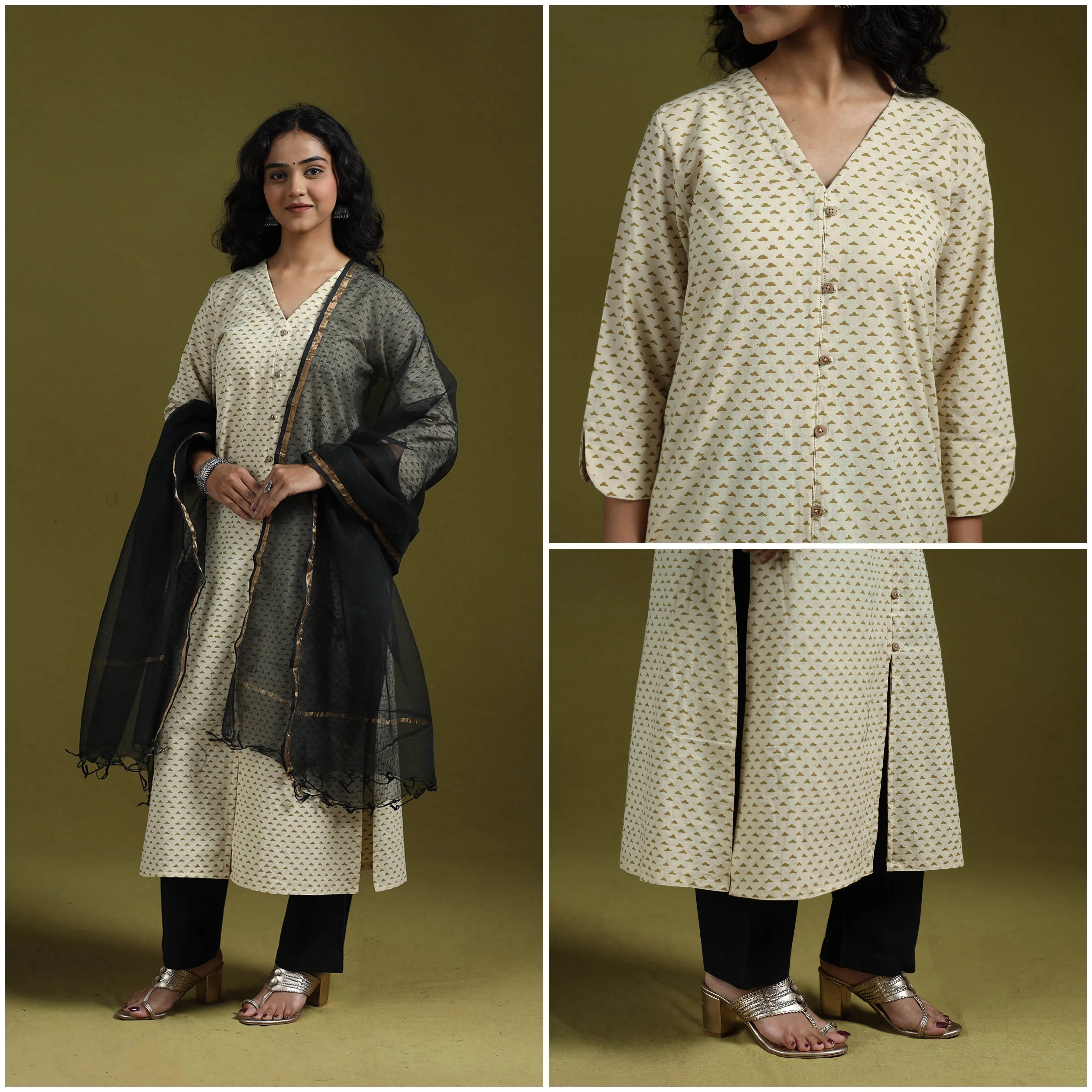 Beige - Natural Dyed Ajrakh Hand Block Print Cotton Suit Set with Dupatta for women 14 sold by Itokri product image thumbnail 4