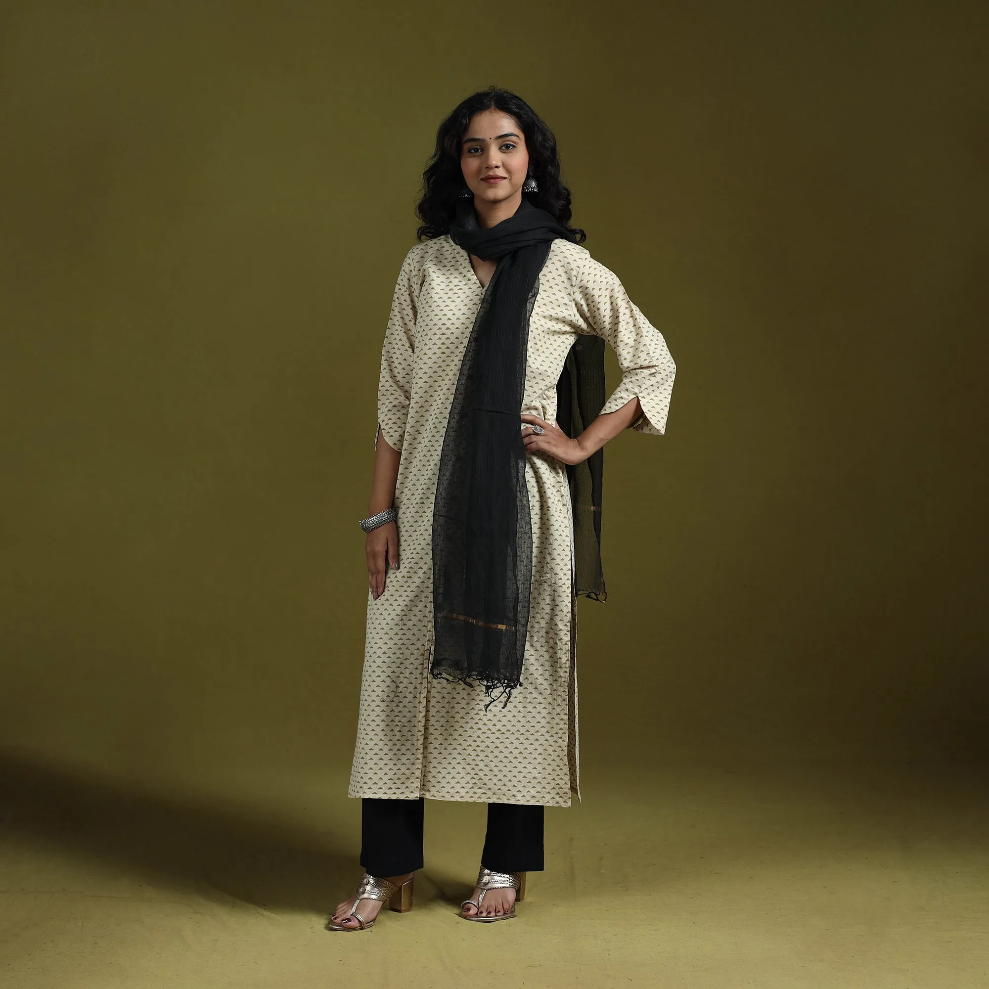 Beige - Natural Dyed Ajrakh Hand Block Print Cotton Suit Set with Dupatta for women 14 sold by Itokri product image thumbnail 3