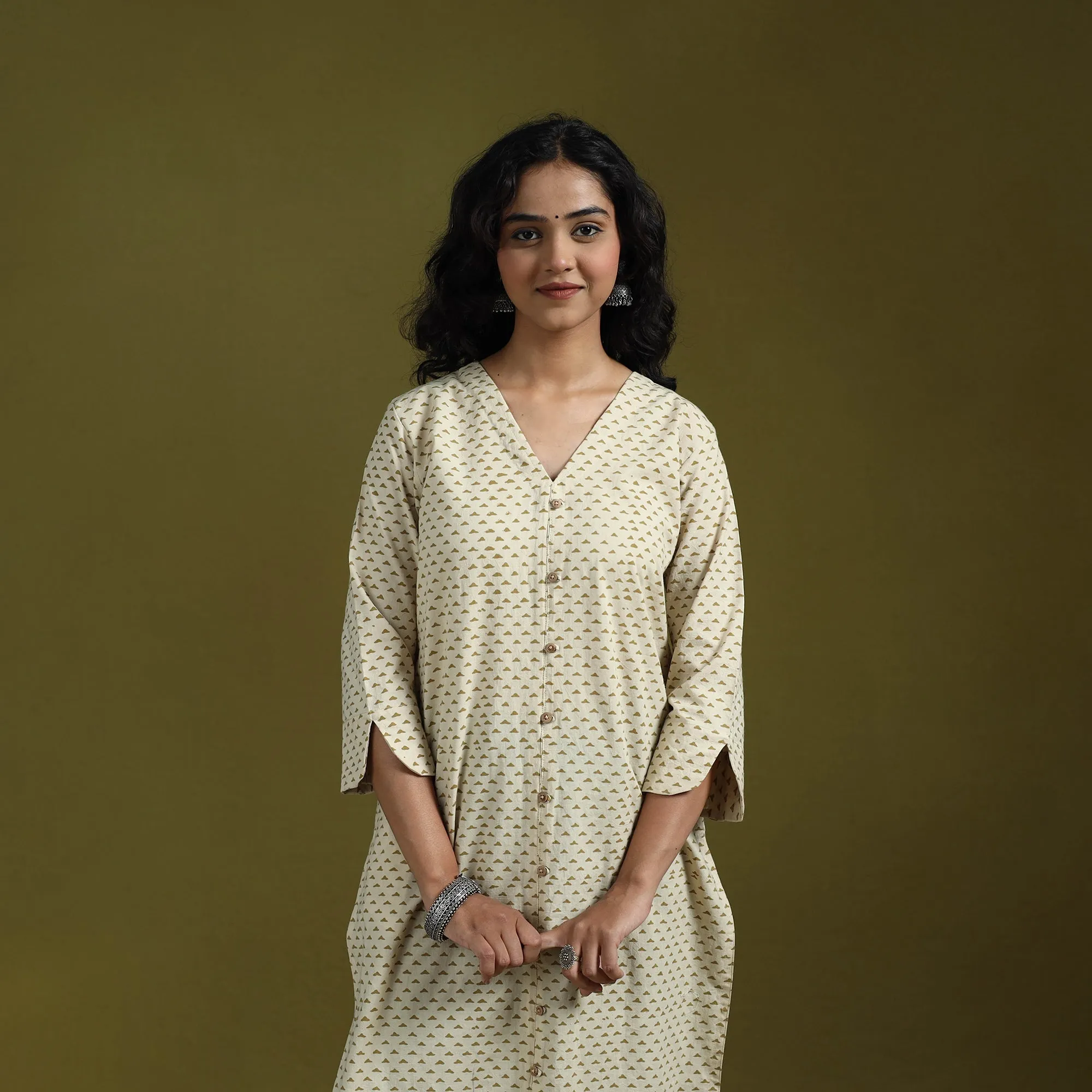 Beige - Natural Dyed Ajrakh Hand Block Print Cotton Suit Set with Dupatta for women 14 sold by Itokri product image thumbnail 2