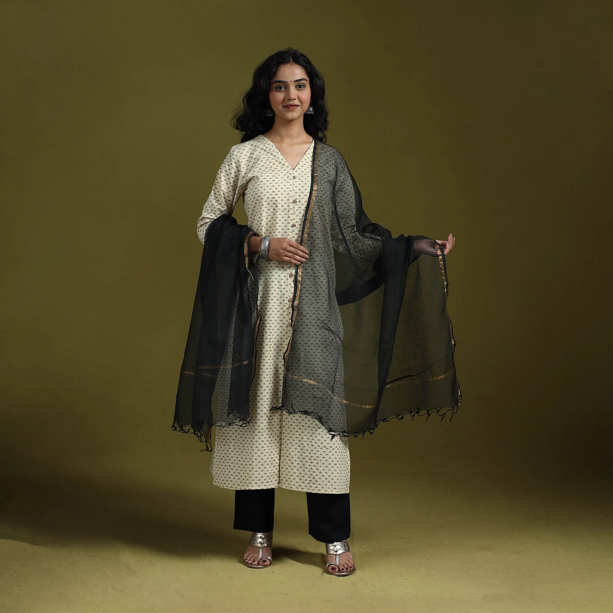 Beige - Natural Dyed Ajrakh Hand Block Print Cotton Suit Set with Dupatta for women 14 sold by Itokri