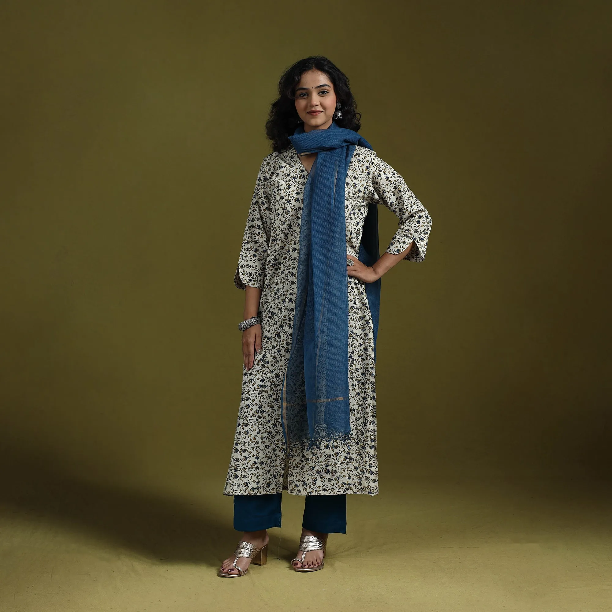 Beige - Natural Dyed Ajrakh Hand Block Print Cotton Suit Set with Dupatta for women 13 sold by Itokri product image thumbnail 3