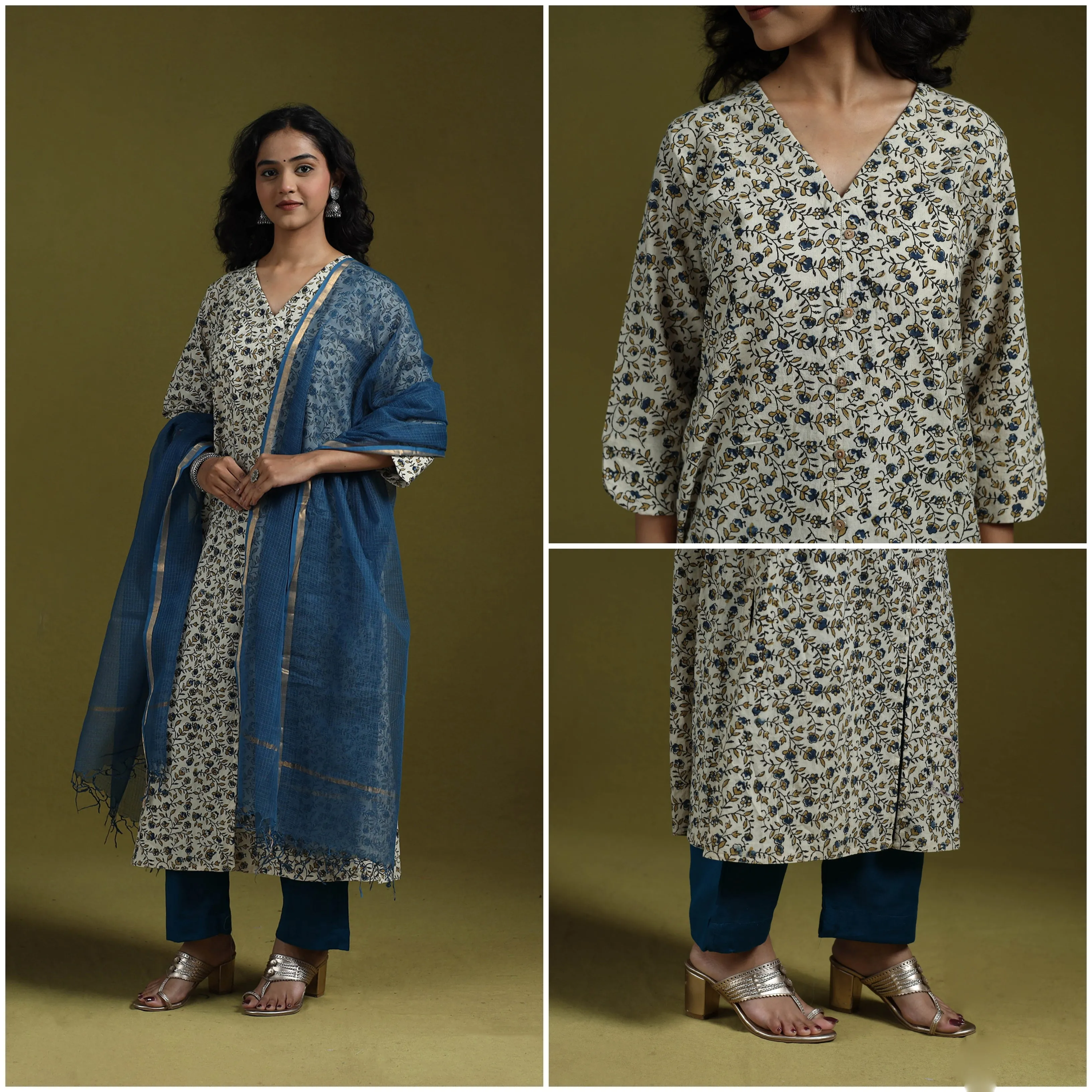 Beige - Natural Dyed Ajrakh Hand Block Print Cotton Suit Set with Dupatta for women 13 sold by Itokri product image thumbnail 4