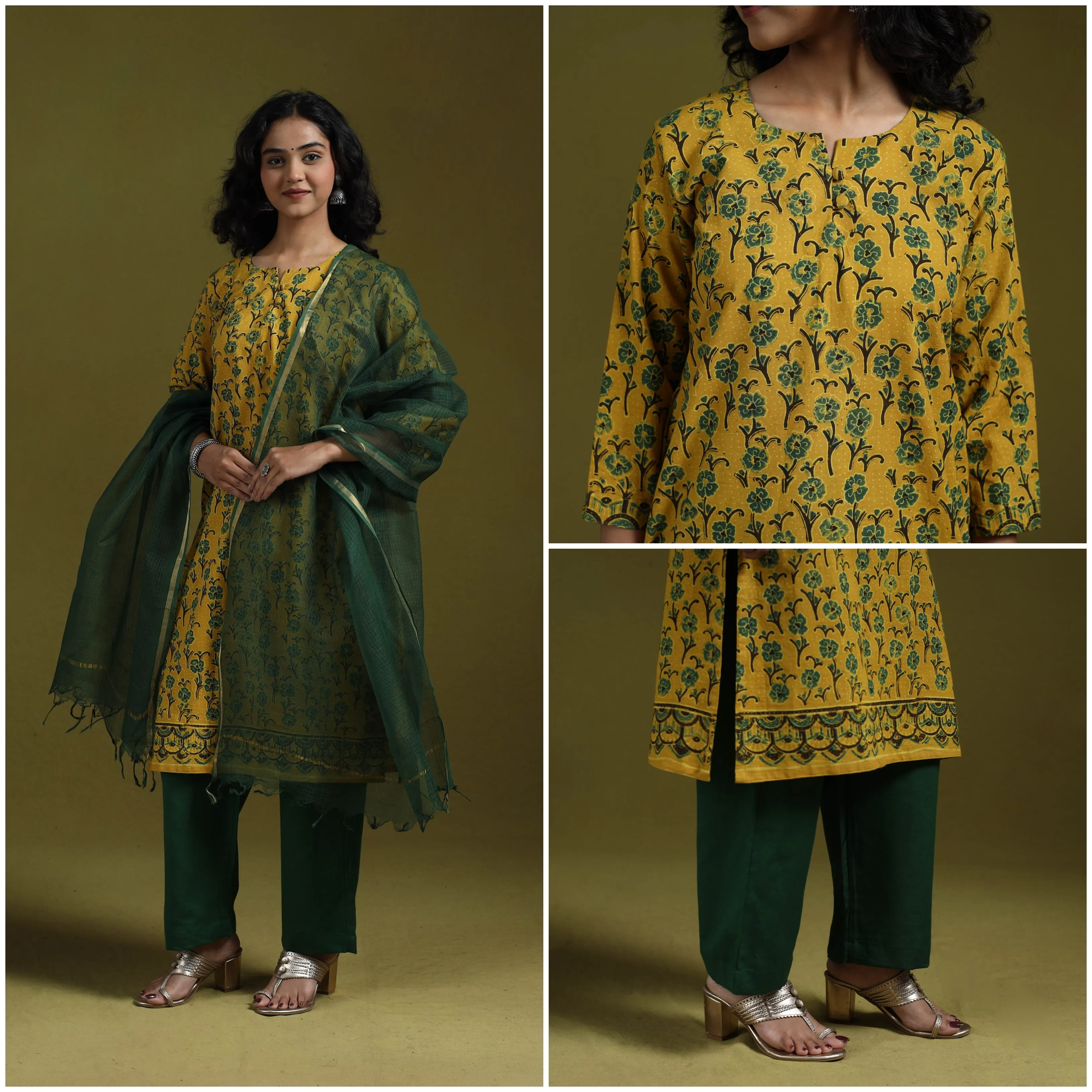 Yellow - Natural Dyed Ajrakh Hand Block Print Cotton Suit Set with Dupatta for women 10 sold by Itokri product image thumbnail 4