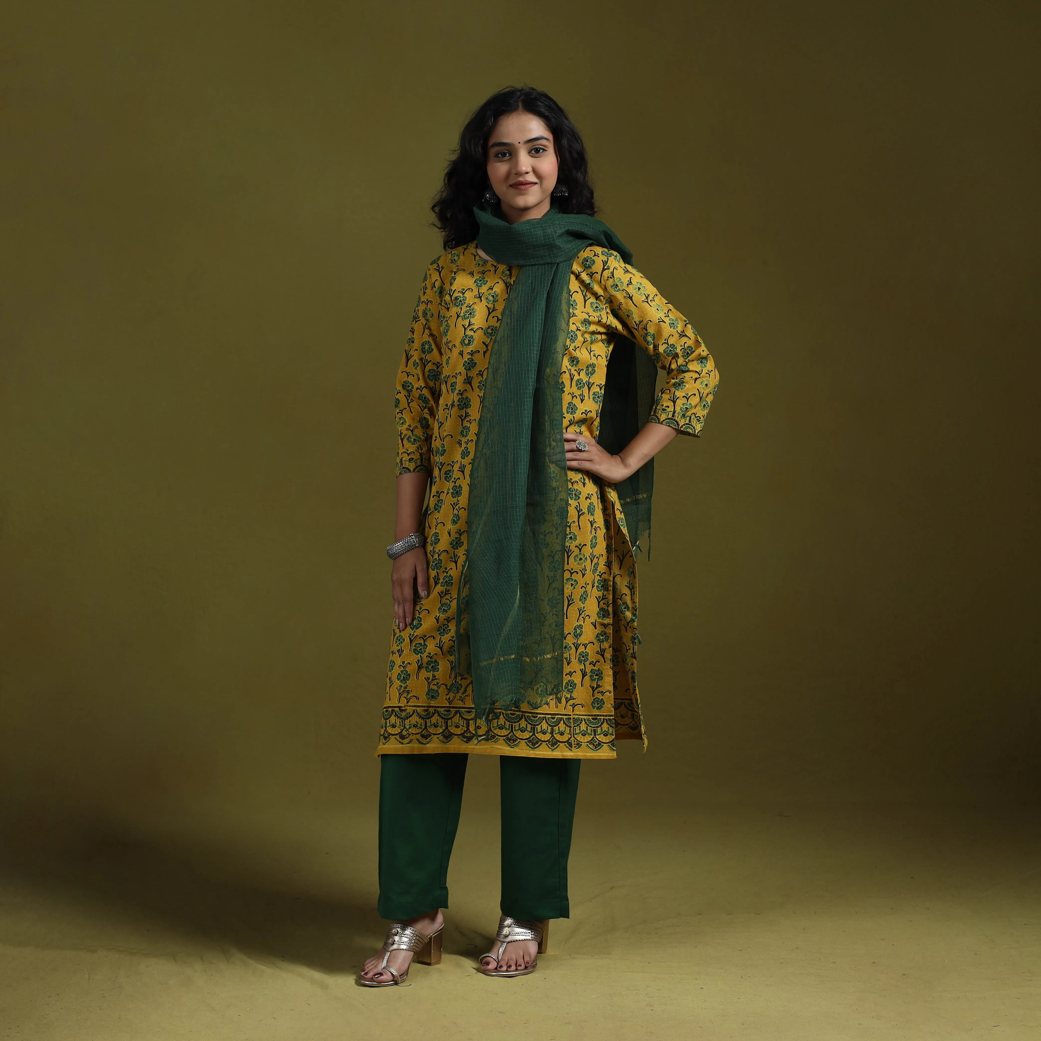 Yellow - Natural Dyed Ajrakh Hand Block Print Cotton Suit Set with Dupatta for women 10 sold by Itokri product image thumbnail 3