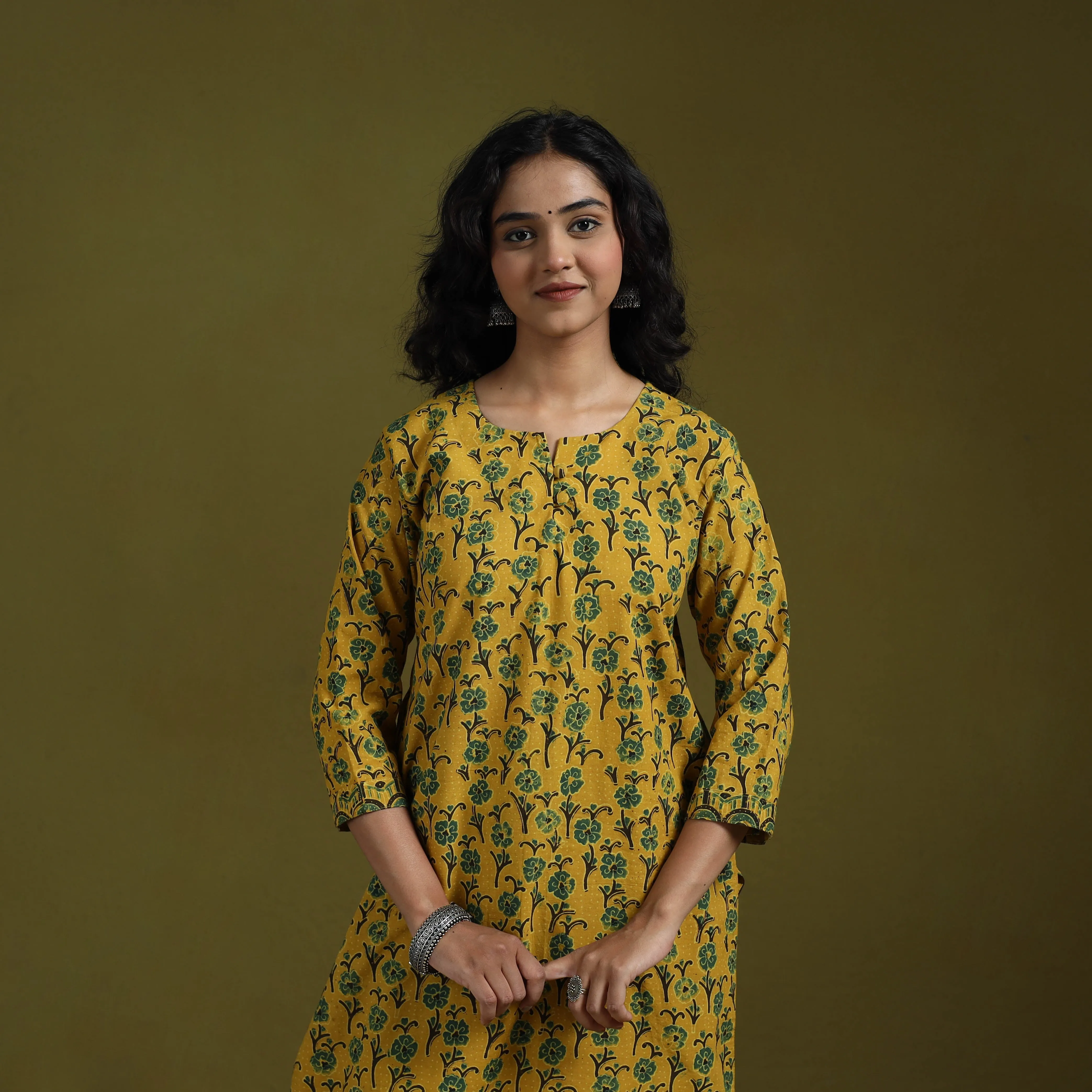 Yellow - Natural Dyed Ajrakh Hand Block Print Cotton Suit Set with Dupatta for women 10 sold by Itokri product image thumbnail 2