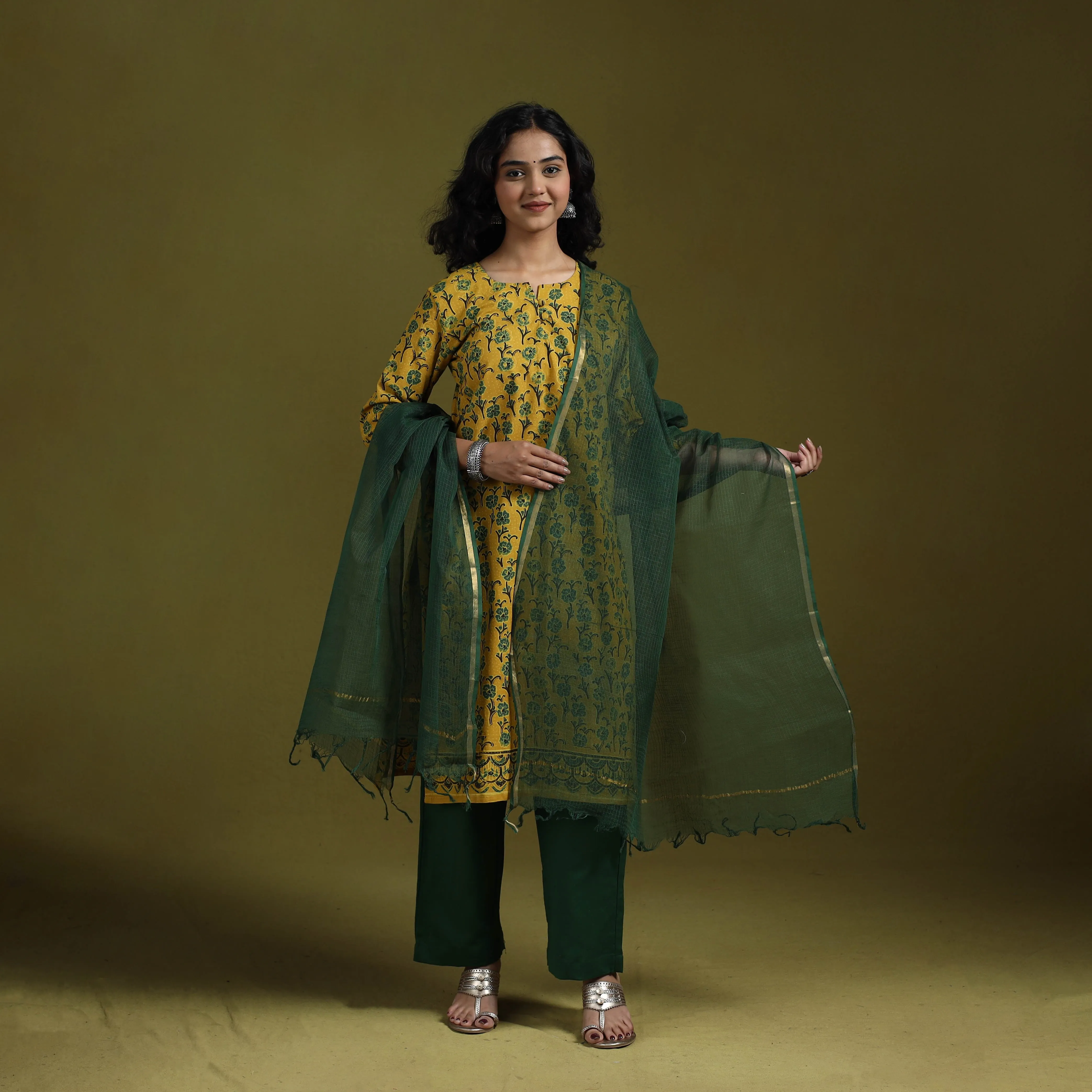Yellow - Natural Dyed Ajrakh Hand Block Print Cotton Suit Set with Dupatta for women 10 sold by Itokri