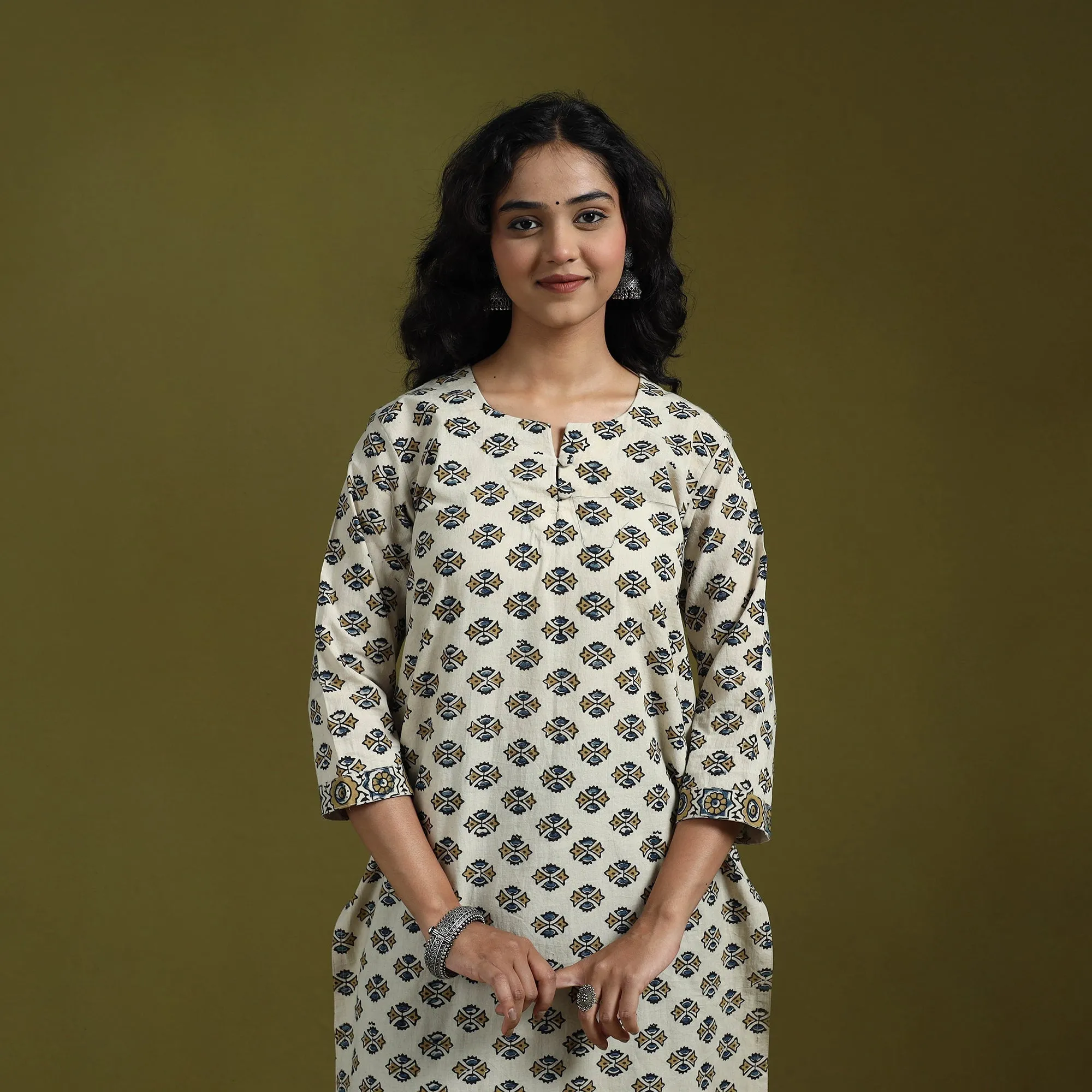 Beige - Natural Dyed Ajrakh Hand Block Print Cotton Suit Set with Dupatta for women 07 sold by Itokri product image thumbnail 2