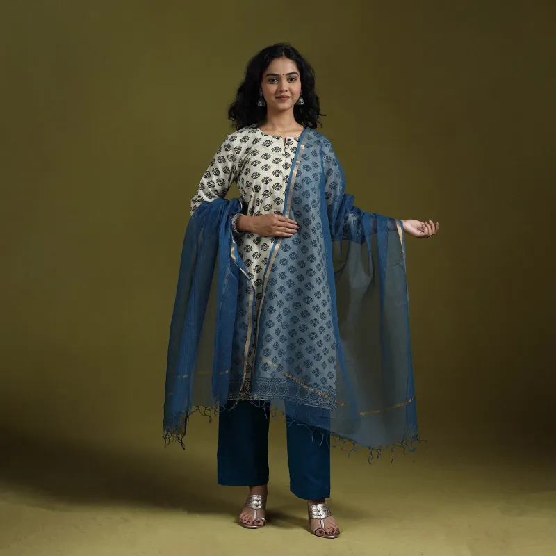 Beige - Natural Dyed Ajrakh Hand Block Print Cotton Suit Set with Dupatta for women 07 made by Itokri